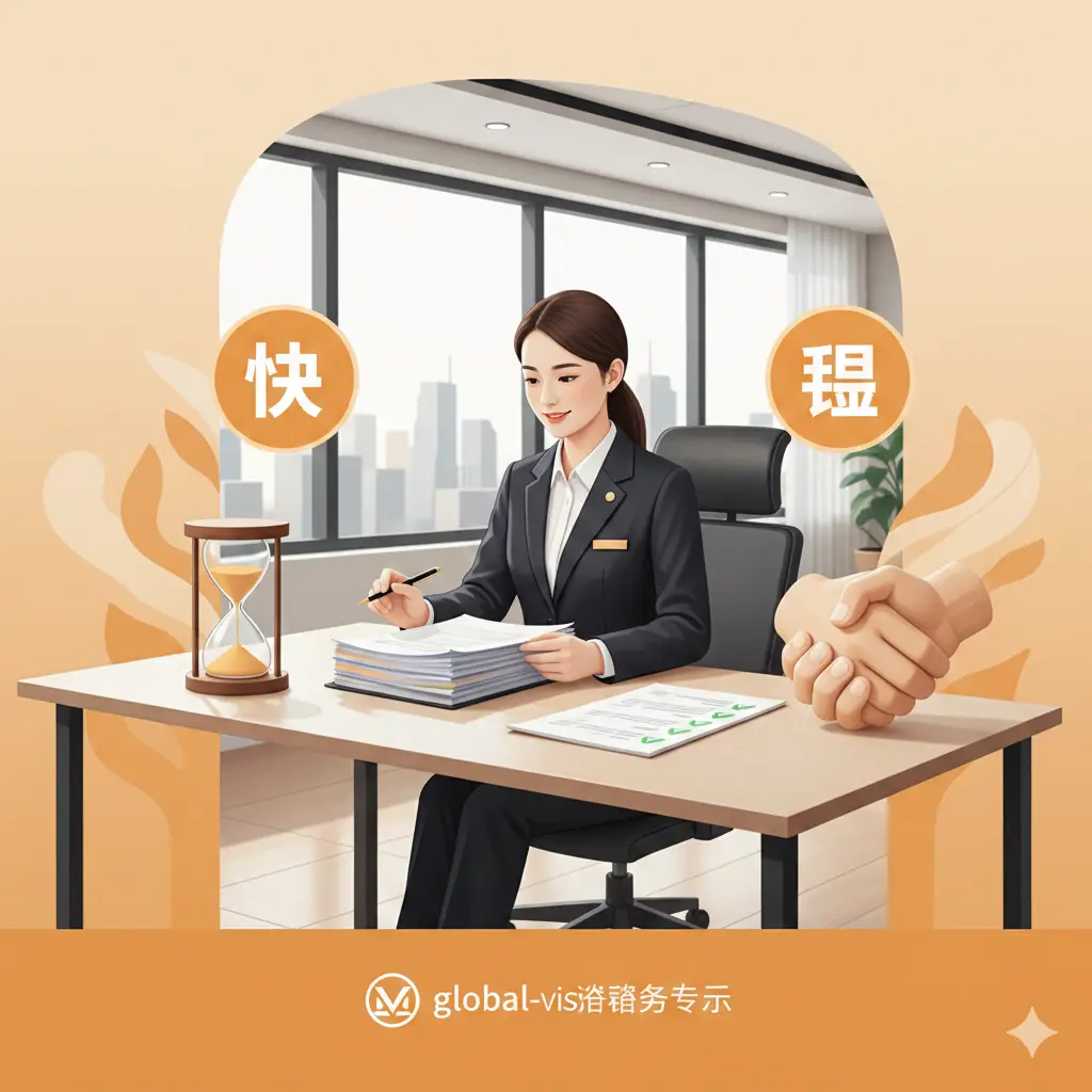 体现代办服务优势的创意图。画面展示一位专业的服务人员正在细心地审核厚厚的申请资料,背景是整洁的现代化办公室。图中包含‘快、准、稳’的视觉隐喻,如沙漏计时器、打钩的清单和代表信任的握手元素。色彩温暖,给人以安心和可靠的心理暗示,突出了global-visa.top针对华裔群体的专业化定制服务。