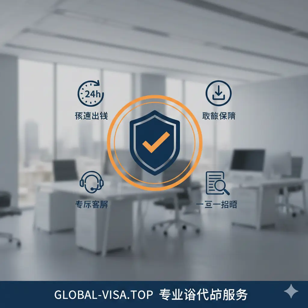 展示Global-Visa平台专业代办优势的视觉图。画面中心是一个盾牌图标，象征‘安全与保障’，周围环绕着24小时时钟（极速出签）、退款保障图标以及专业客服耳机图标。色彩使用信任感强的深蓝色和醒目的橙色提醒。背景虚化处理，隐约可见专业的办公环境，传达出机构的可靠性、1对1专家指导的专业服务氛围。