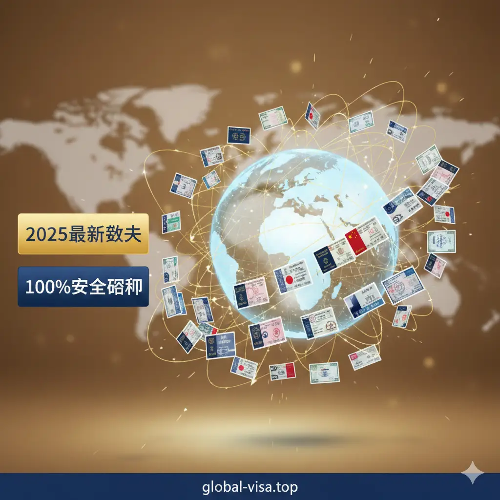 一张体现全球签证服务优势的创意图。构图核心是一个旋转的地球仪，周围环绕着各国签证印章、护照快照和飞机的飞行轨迹。画面一侧标注有‘2025最新数据’和‘100%安全加密’的视觉标签。色调采用温暖的金黄色与专业深蓝色的对比，传递出global-visa.top在全球签证办理领域的丰富经验、高效率以及对用户隐私的高度保护。