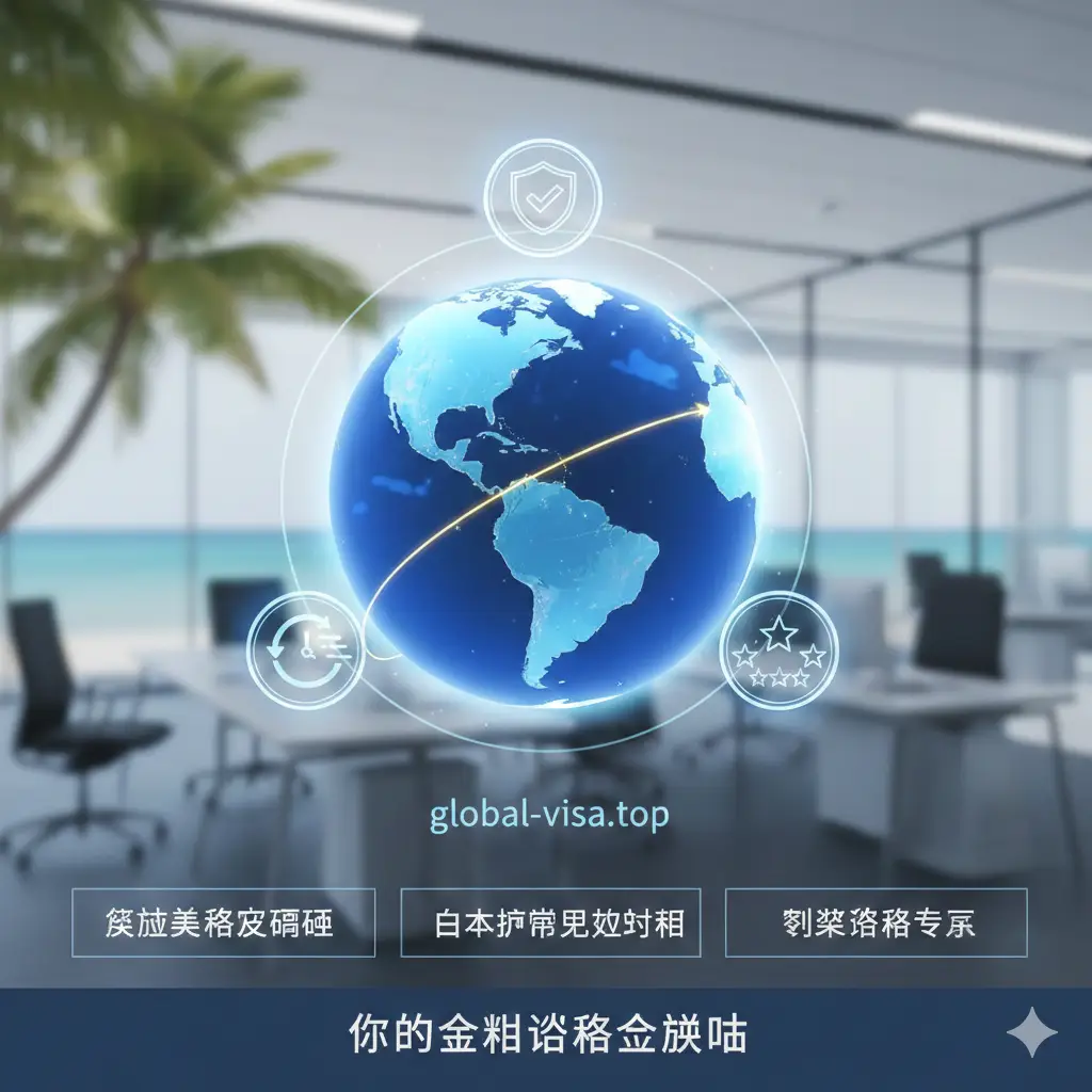 展示global-visa.top品牌专业度的创意图。画面中心是一个发光的地球仪，连接着中国与墨西哥坎昆。周围环绕着盾牌（代表安全）、时钟（代表快速）和五角星（代表好评）的3D图标。背景是柔和的办公室商务风格与坎昆棕榈树的虚化重合。画面强调品牌在解决‘美签过期’、‘白本护照’等复杂签证问题上的专业优势，色彩饱和度高，光影质感高级。