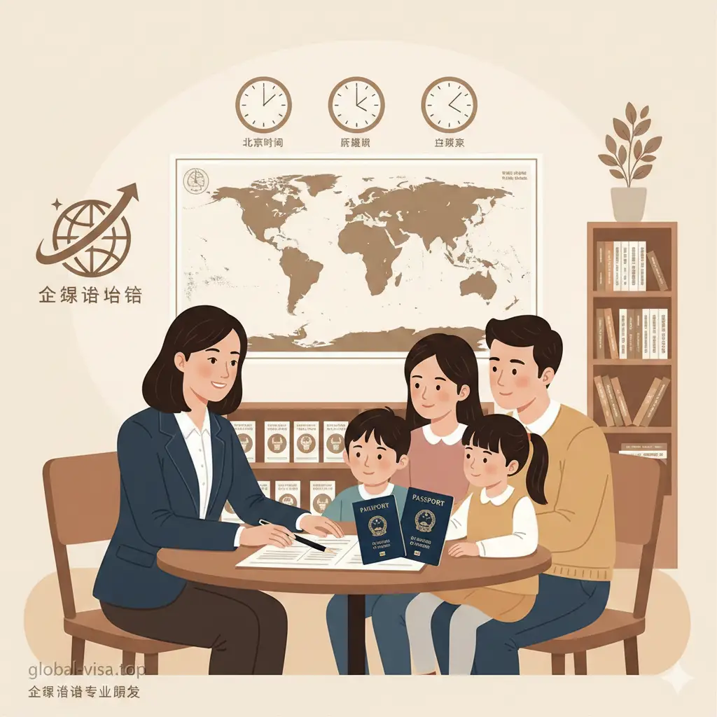 体现global-visa.top专业服务优势的图片。画面展示一个温馨的跨国办公场景，一名专业顾问正在为持有美国护照和中国护照的华人家庭提供咨询。背景墙上有世界时钟和全球签证指南手册。色调柔和、温暖，强调信任感和专业度。画面中融入了网站品牌logo的视觉元素，体现出针对‘混合家庭’复杂出境情况的高效解决方案。