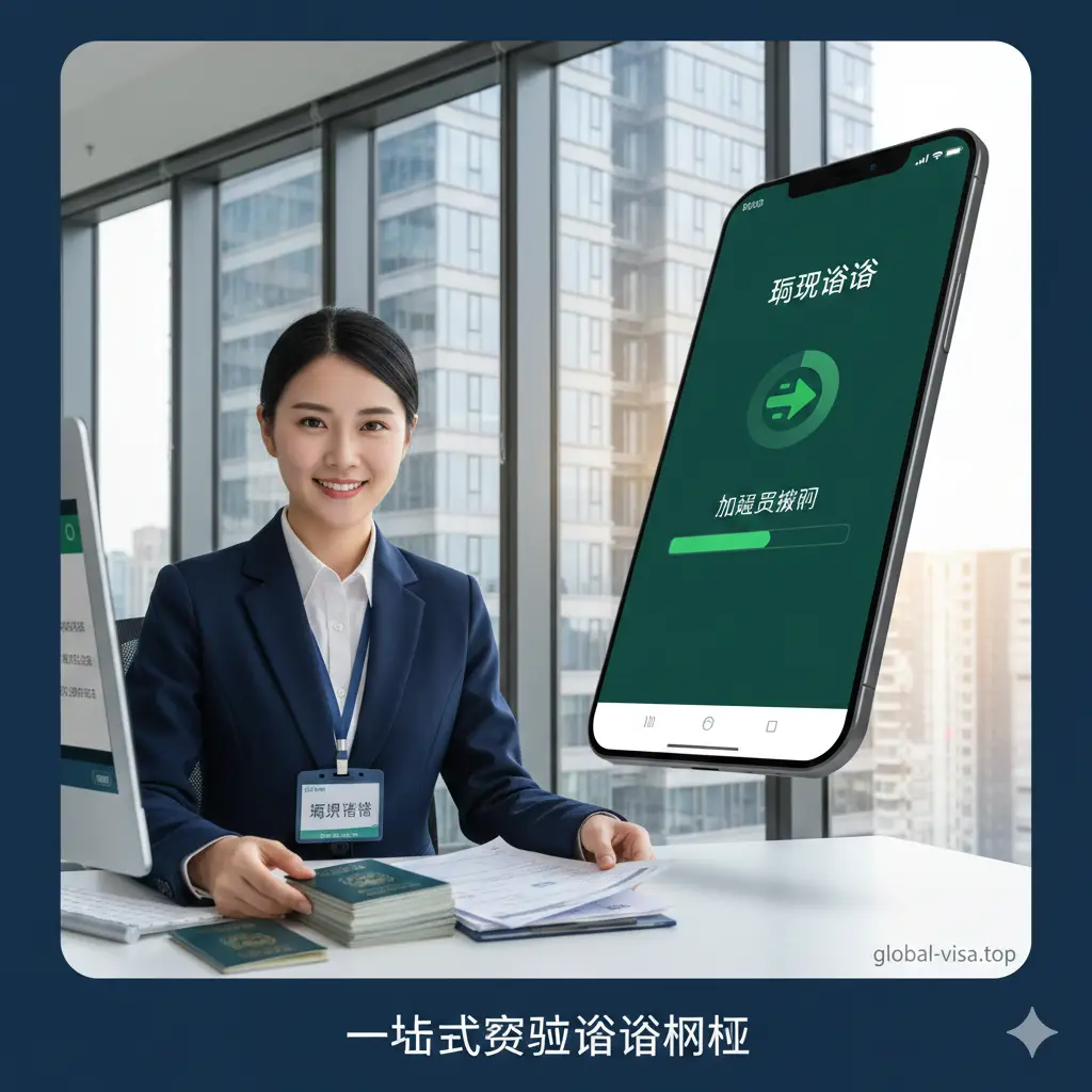 展示Global Visa代办服务的优势图片。画面中出现一名穿着专业商务装的服务人员正在处理护照申请材料，另一侧展示手机APP界面，显示‘加急审核中’的绿色进度条。背景是现代化的玻璃写字楼。视觉中心强调‘专业、快速、高效’的品牌形象，色调以代表信任的深蓝色和专业绿为主，体现一站式解决签证难题的优势。