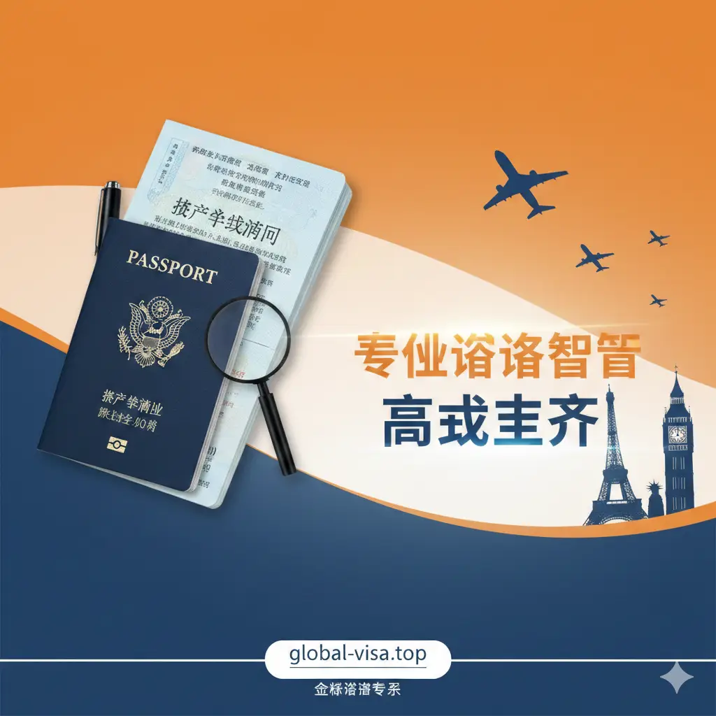 一张体现Global Visa服务优势的图片。画面左侧展示一本护照，右侧则是飞往巴黎、纽约、伦敦等著名地标的飞机剪影。中心用文字凸显‘专业签证顾问’和‘高成功率’。色彩使用充满活力的橙色和稳重的深蓝色对比，视觉冲击力强。构图动感，象征着通过Global Visa的专业协助，用户可以从基础的护照申请条件轻松跨越到复杂的全球签证办理。