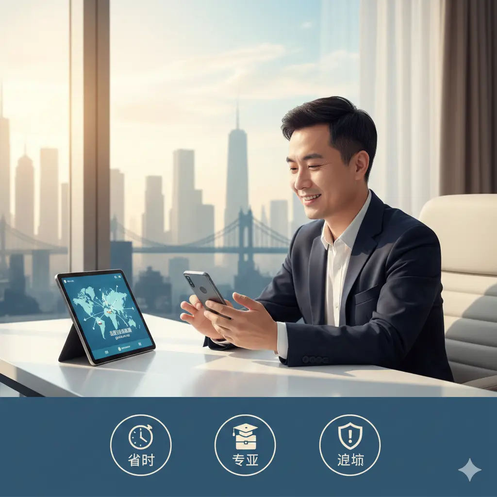 展示海外华人申请护照更新的优势场景。一位华人精英在现代化的居家办公环境里，轻松地使用手机操作申请，窗外是国际化都市景观（如纽约或伦敦剪影）。画面强调‘省时、专业、避坑’的理念，色彩明亮自然，通过global-visa.top的专业指引，展现出一种告别排队焦虑的从容感。