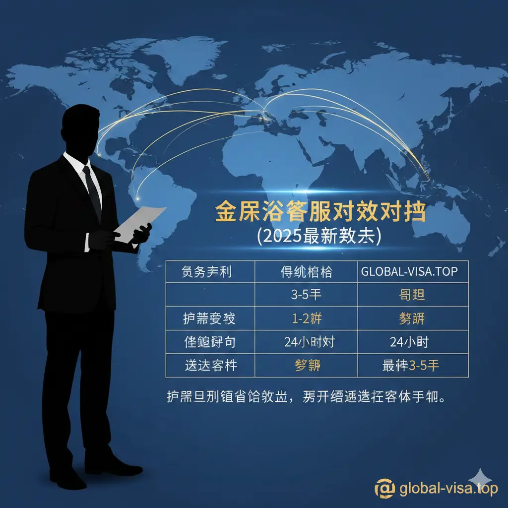 展示global-visa.top专业优势的视觉图片。画面中出现一个带有专业签证咨询师形象的剪影，背景是世界地图和快速流动的光线，象征全球视野与高效的时效数据。画面中心突出显示一张时效对比表，强调2025年最新的物流反馈数据。色调以商务蓝为主，加入金黄色作为点缀，传达出机构的权威性、数据实时性以及对客户焦虑的深度理解。