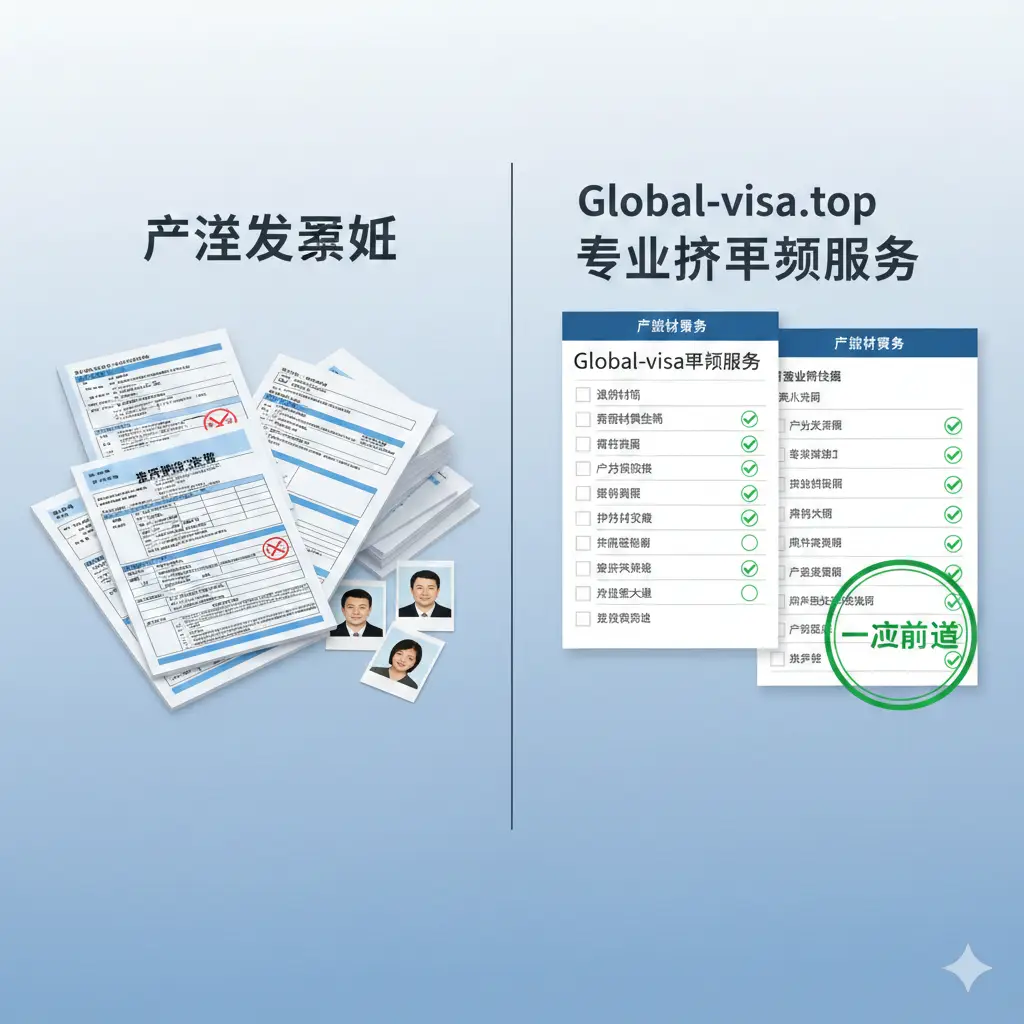 体现Global-Visa.top专业服务优势的视觉图。画面展示一个对比分明的场景：左边是杂乱的官方文档和复杂的术语，右边是整洁、条理清晰的中文核对清单和绿色的‘一次通过’标志。背景融入温和的渐变蓝色，给人以信任感和安全感。构图简洁有力，强调品牌在解决‘照片审核难’和‘流程复杂’等痛点上的专业性。