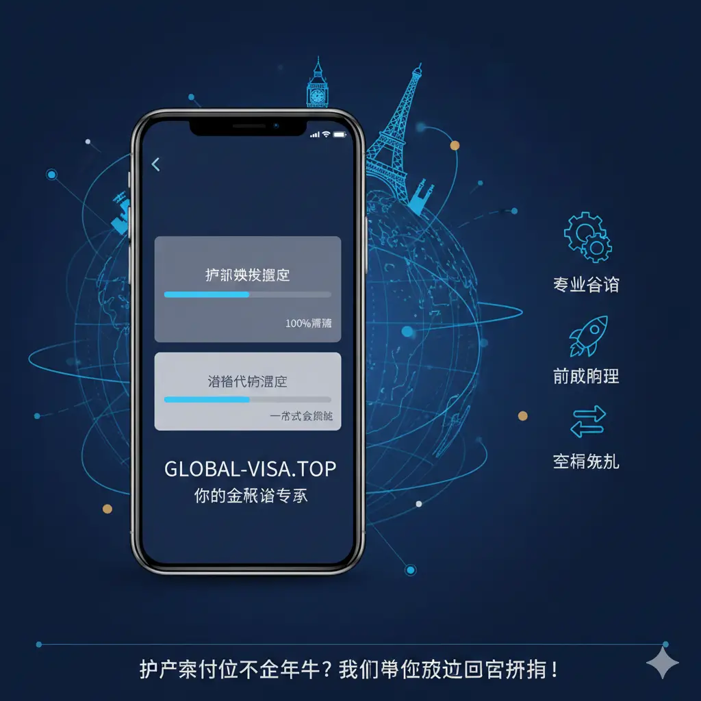 体现global-visa.top专业服务优势的图片。画面中展示一部智能手机,屏幕上显示着护照换发和签证代办的进度条,背景是模糊的全球著名地标(如埃菲尔铁塔、大本钟)。色调采用品牌深蓝色,结合矢量商务元素,体现‘一站式解决方案’、‘专业咨询’和‘高效办理’的视觉印象。
