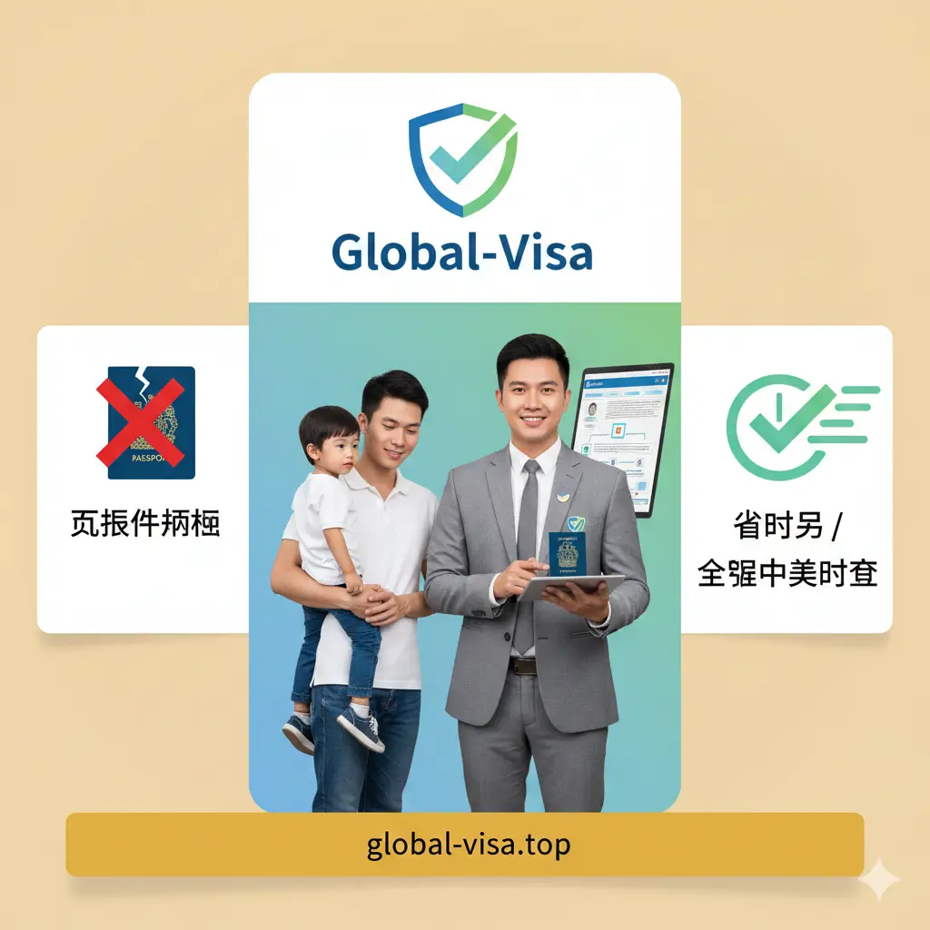 优势对比图，视觉中心是一位穿着商务装的专业顾问正在为一名新移民家庭提供咨询服务。背景是Global-Visa的品牌色调，融合了盾牌图标和代表安全、成功的绿色勾号。画面色彩温暖，构图平衡，传达出“零退件”、省时省力和全程中文对接的专业中介机构形象。