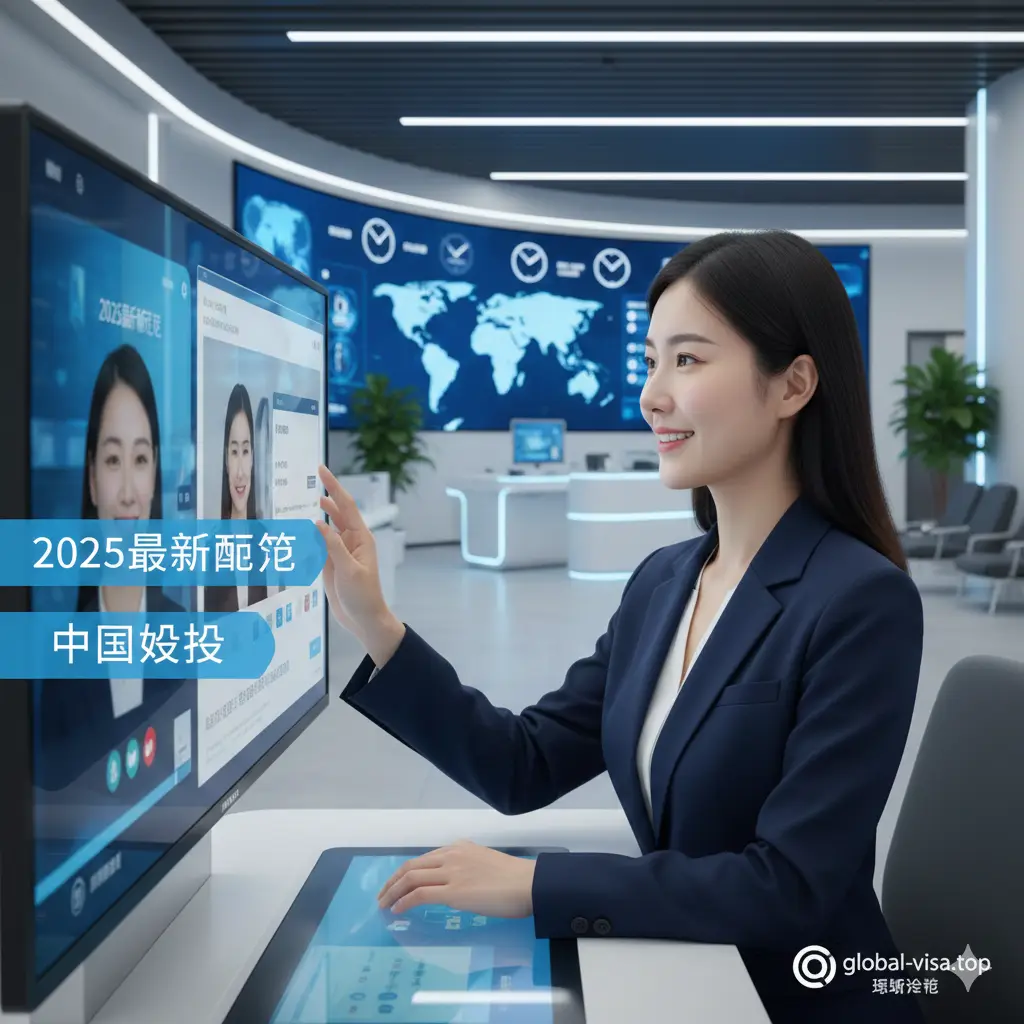 体现服务优势的图片。画面展示一位身着商务装的中文顾问正在微笑地为客户提供远程咨询,背景是一个现代化的签证服务中心,充满了科技感和人性化关怀。画面中融入‘2025最新政策’、‘中文辅助’等视觉标签。采用浅景深构图,光影柔和,传达出专业、高效、无障碍沟通的品牌优势,提升用户的信任感。
