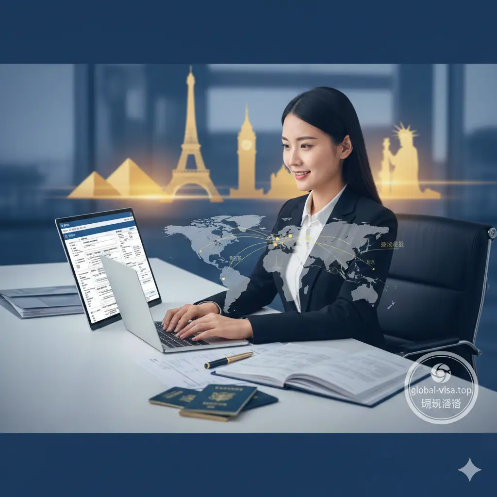体现Global Visa专业优势的视觉图片。画面展现一名专业的签证顾问正在操作笔记本电脑，屏幕上显示出各种签证申请表和复杂的全球路线图。背景是模糊的全球著名地标，如巴黎铁塔、富士山等。色彩偏向商务蓝和温暖的金黄色，象征着全球签证服务的专业、高效与信任感，突出品牌助力出行的核心价值。