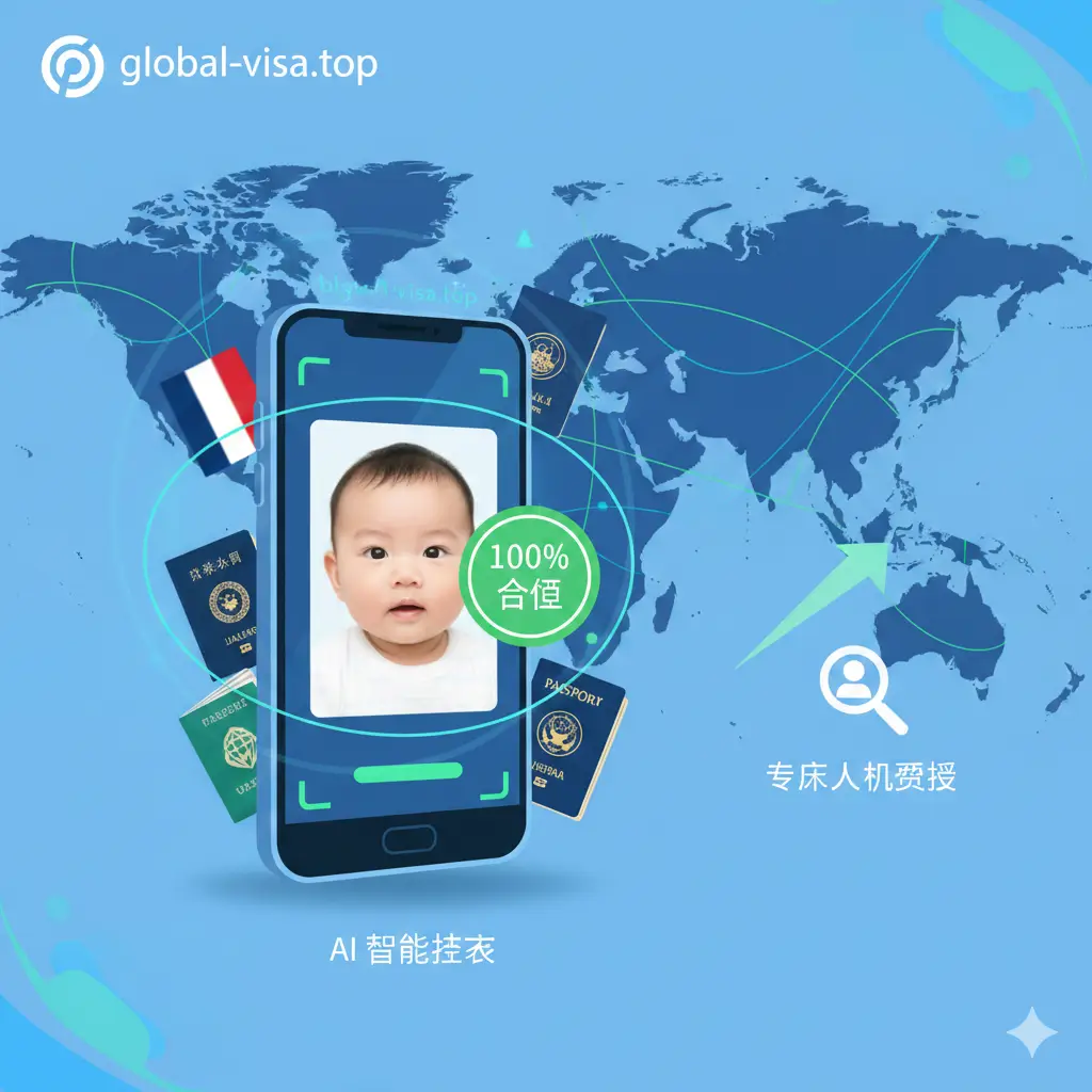 体现global-visa.top品牌优势的插画风格图。画面中心是一个带有AI扫描线条的智能手机,屏幕上正在检测一张婴儿护照照片,并弹出‘100% 合格’的绿色认证标志。背景装饰有世界地图剪影和各国护照封面元素。色彩使用品牌蓝与信任绿,强调AI精准检测与专家审核的双重保障,构图具有现代科技感。