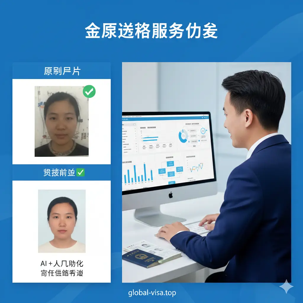 体现global-visa.top专业服务优势的图片。画面右侧是一位专业的签证顾问正在电脑前审查一份护照图片，屏幕上显示着精密的绿勾审核通过标识。左侧是处理前后的对比：一张光线暗淡的原始照片经过AI与人工处理后变得明亮、居中且完全符合使馆标准。色彩以品牌蓝为主，构图聚焦于细节审核，给人以信赖感和成功率保障的印象。