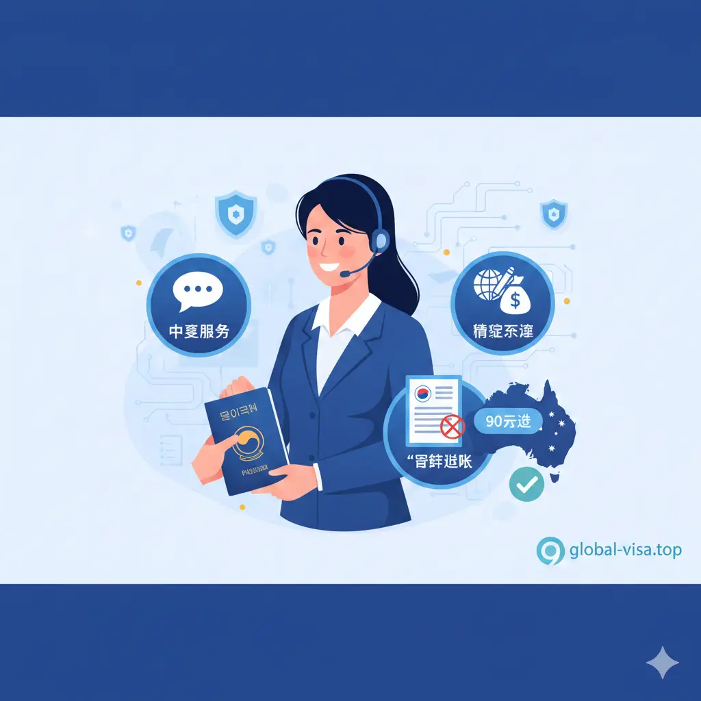 一张体现专业服务与信任感的插图，代表global-visa.top的代办优势。画面中央是一位面带微笑的客服专员形象，佩戴耳麦，面前悬浮着'中文服务'、'精准翻译'和'拒签退款'三个图标。背景使用了数据流和安全盾牌元素，寓意信息安全与高效处理。整体色调采用专业的商务蓝与白色搭配，传达出无需用户亲自操作复杂英文App、由专家全程托管的轻松感（Lazy Service）。