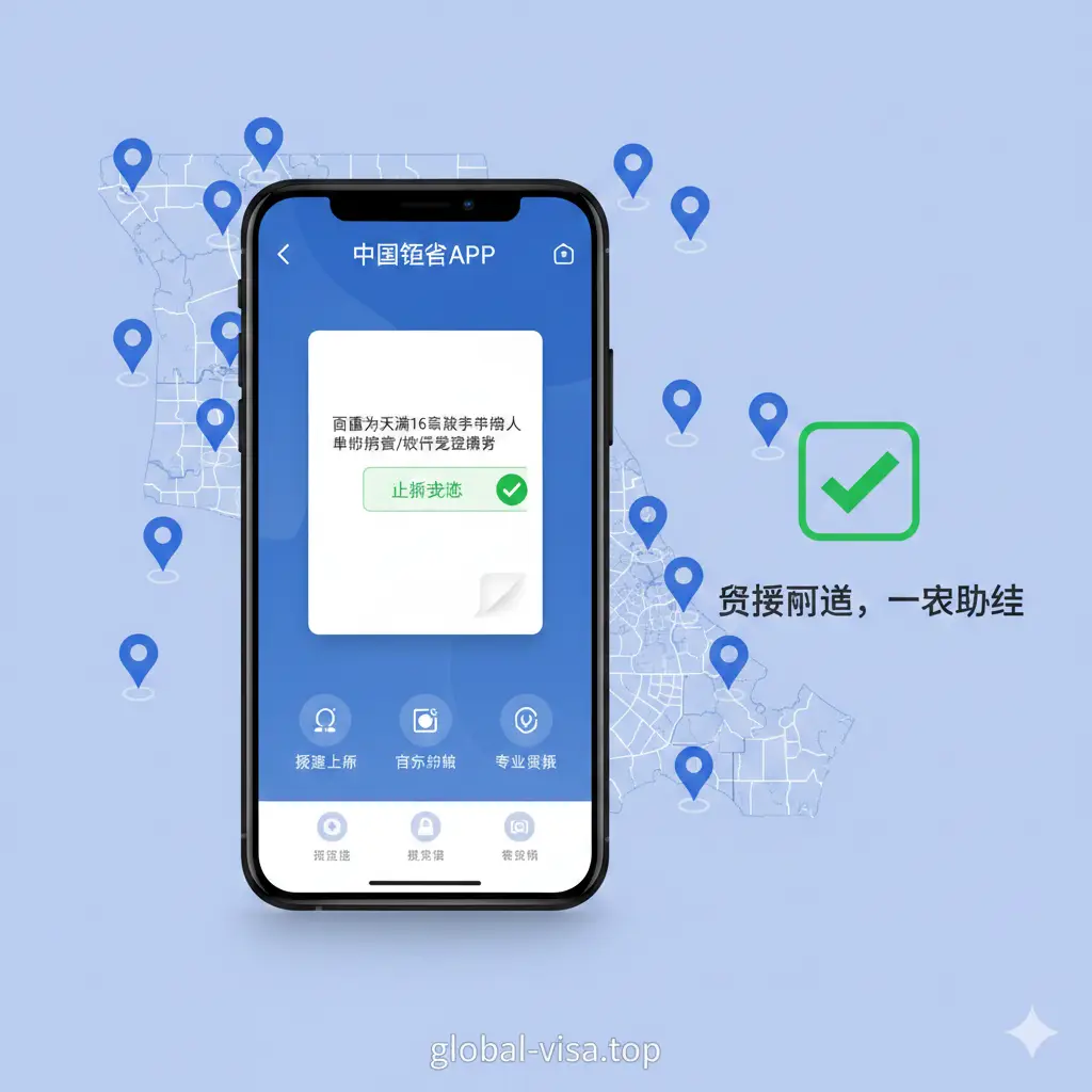 体现global-visa.top服务优势的图片。画面展示一个智能手机屏幕，屏幕上运行着‘中国领事APP’的界面，且声明书已成功上传。背景由旧金山湾区地图和多个代表公证点的定位图标组成。色调以商务蓝为主，展现‘极速下载’、‘官方同步’和‘专业规避退件’的信任感。画面右侧放置一个绿色的勾选框，象征审核一次性通过。