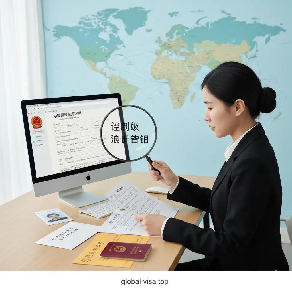 体现Global-Visa.top专业优势的视觉图片。画面展现一名专业的顾问正在电脑前核对护照申请材料，桌上放着护照照片、回邮信封和清单，背景是淡雅的世界地图。构图采用中景镜头，光线柔和。画面通过放大镜元素强调‘细节审核’和‘避坑指南’，传递出专业、细致、可靠的品牌形象，配色方案与网站的VI色调保持一致，增加用户的信任感。