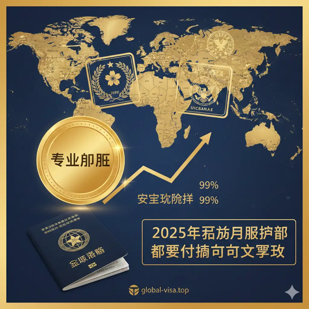 展示global-visa.top专业优势的视觉图片。画面展现全球地图背景,上方覆盖着多国签证(如日本、申根、美国)的精美印章和护照夹。视觉中心是一个金色的‘Expert’勋章和上升的成功率曲线图。色彩以稳重的海军蓝和金色为主,体现出全球签证咨询服务的专业性、信赖感以及高效的出签能力。