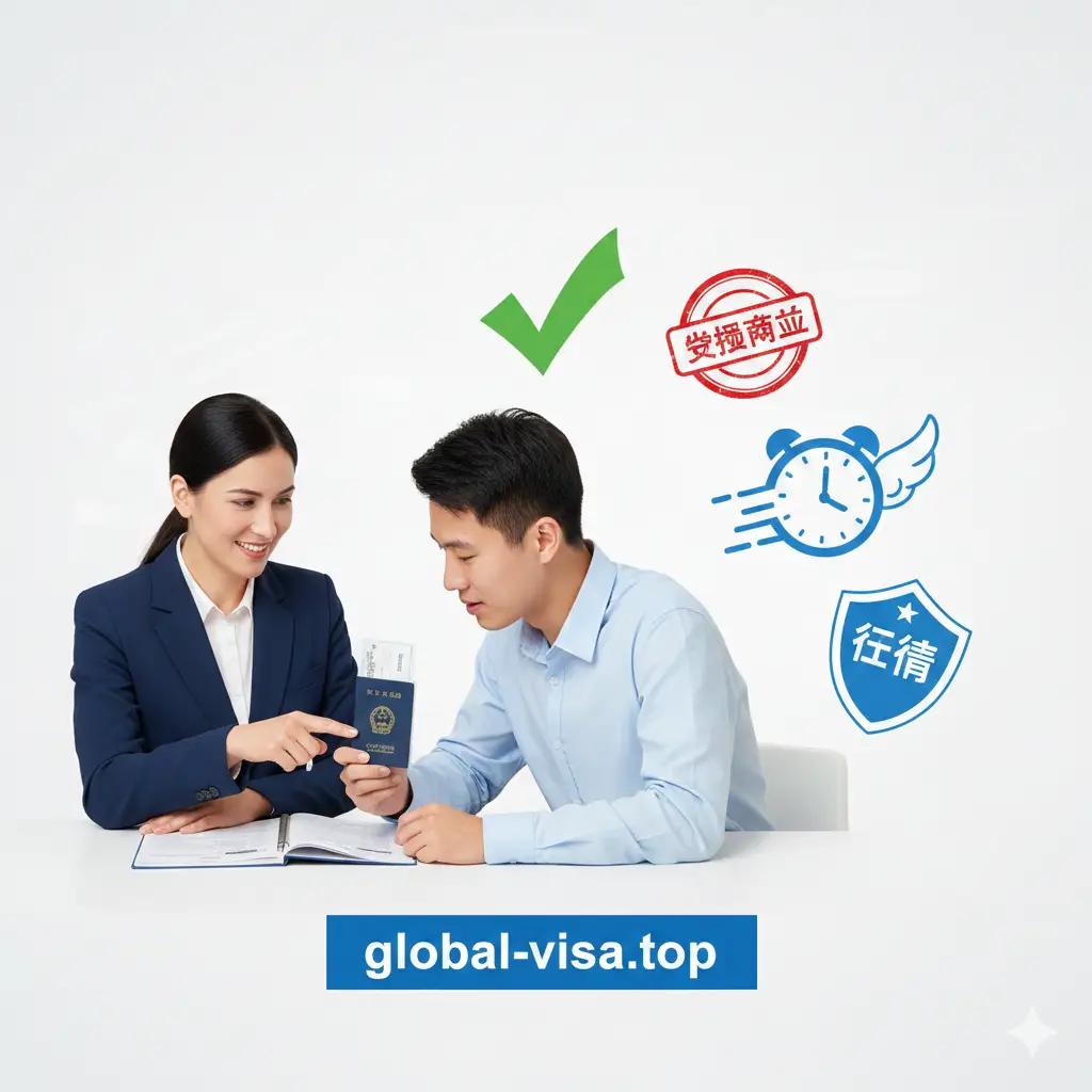 展示global-visa.top专业服务的优势图。画面左侧是一位专业的签证顾问形象，正亲切地协助客户检查材料。背景悬浮着各种图标：绿色的对勾符号、审核通过的印章、快速处理的闹钟时钟以及代表信任的盾牌。构图采用左实右虚，色彩以商务蓝和白色为主，传达出专业、可靠、高效的中介服务形象。