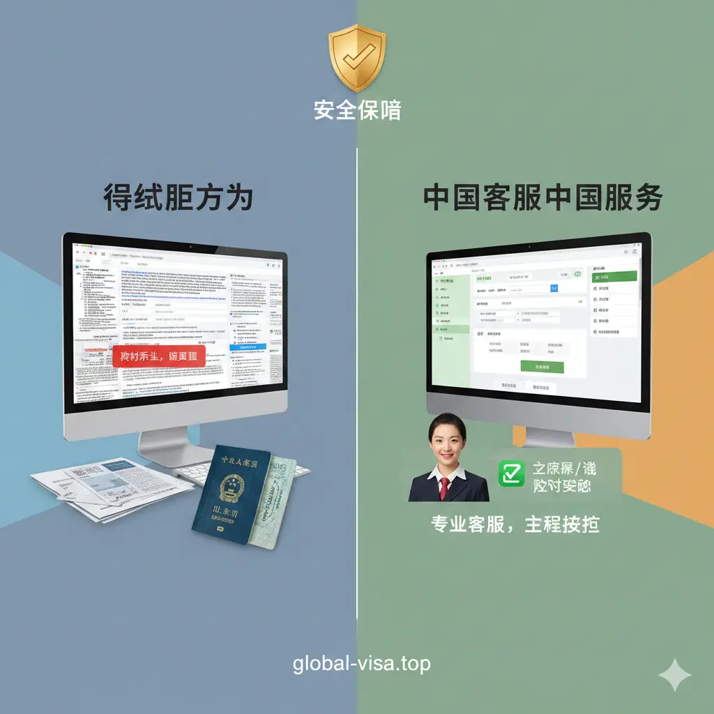 这张优势对比图通过左右分割或列表形式展示。左侧象征传统办理方式,带有繁琐的英文界面和红色‘支付失败’警告;右侧则展示global-visa.top的中文服务,带有绿色的‘支付宝/微信成功支付’图标和人工客服头像。画面上方有‘安全保障’的盾牌标志。色彩上通过冷暖对比突出优势,设计风格专业可靠,强调代办平台在解决支付痛点和信息审核方面的核心价值。