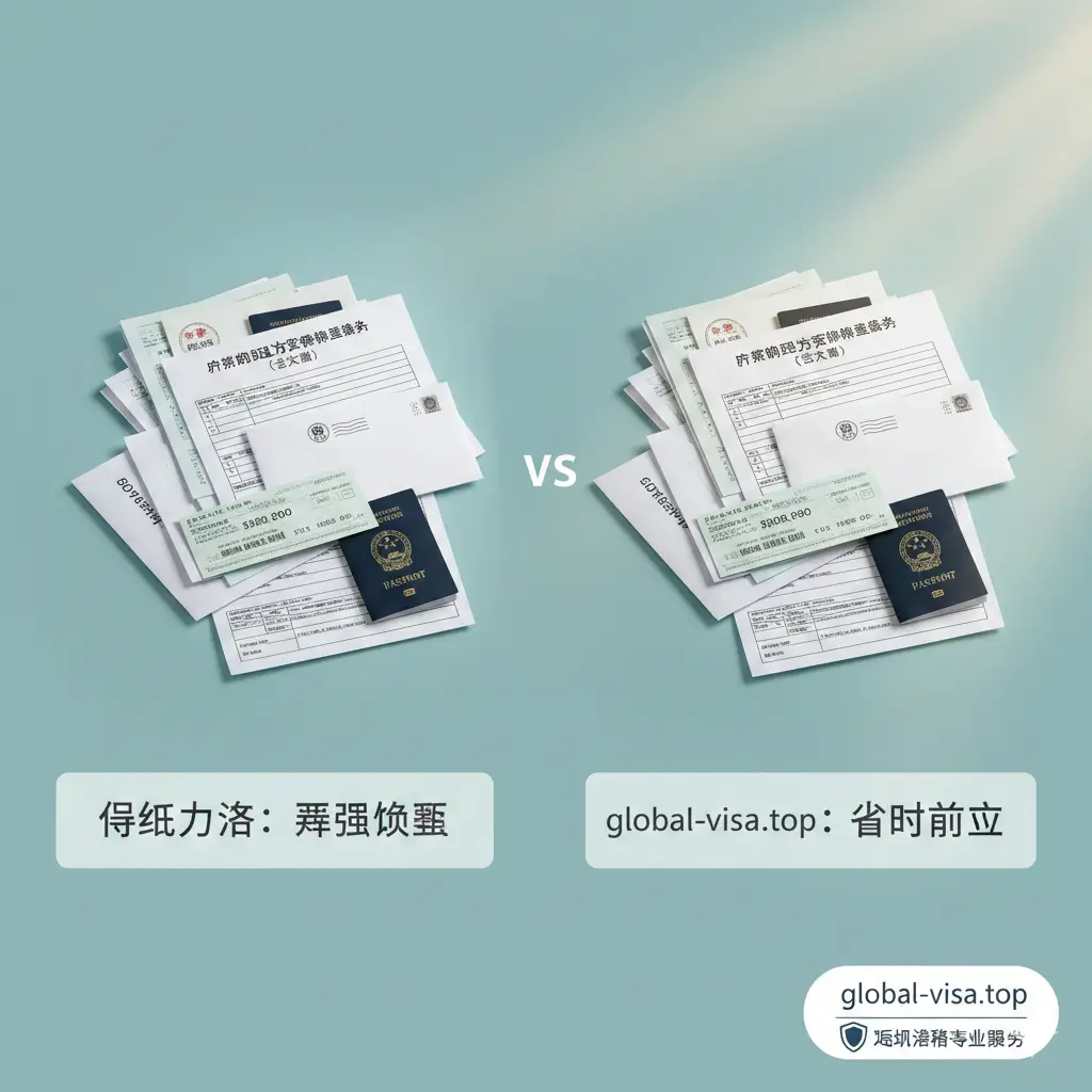体现global-visa.top站点服务优势的图片。画面展示一个对比清单，左侧是混乱的申请材料，右侧是通过本站引导后整齐排列的清单，包括声明书、回邮信封、汇票等。背景清新，带有一种‘事半功倍’的视觉暗示，右下角包含网站LOGO元素，强调专业性与高效性。