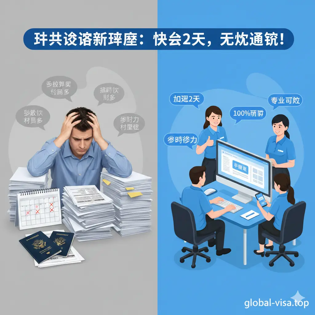 一张突出代办优势的对比图。画面分割为两部分：左侧色调略显阴暗，展示一个人面对堆积如山的表格感到焦虑；右侧色调明亮欢快，展示global-visa.top的专业团队通过电脑快速处理申请，并竖起大拇指。图中加入‘加急2天’、‘100%预审’等关键词浮层，构图稳重，色彩使用品牌蓝，给人以安全感和信任感。