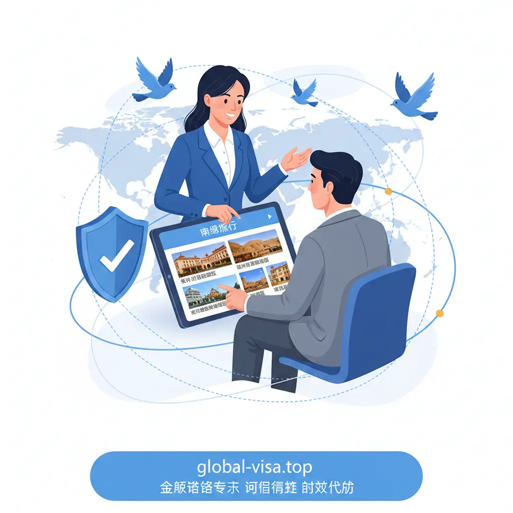 体现专业咨询服务优势的商务插画。一位专业的旅行顾问（女性，着正装）正在为客户展示一份关于南疆旅行和酒店名单的平板电脑页面。周围环绕着象征效率的飞鸟、象征安全的盾牌和全球连接的线条。色调以商务蓝为主，风格现代、整洁，传达出 global-visa.top 值得信赖和高效代办的品牌形象。