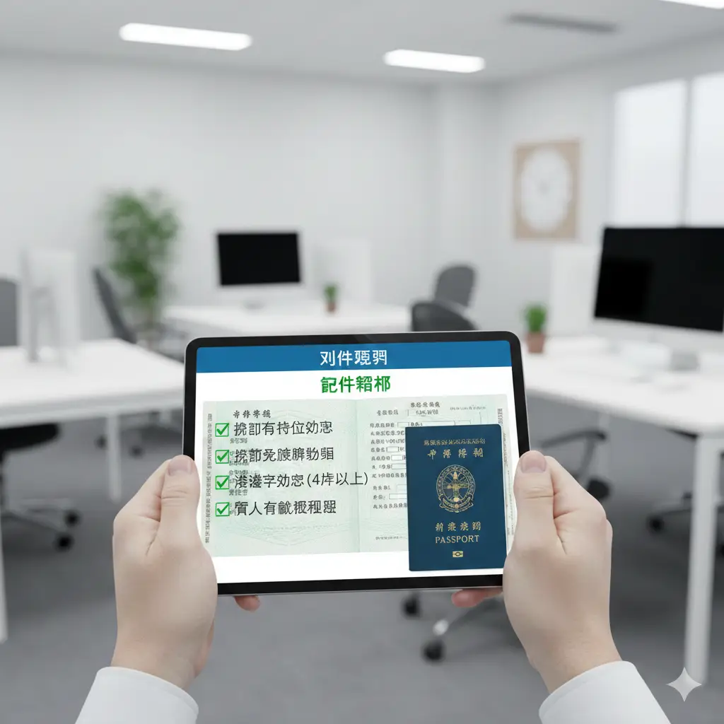 展示Global Visa专业预审优势的视觉图片。画面中一名专业的签证顾问（仅露出手部）正拿着平板电脑，对一份台湾护照内页扫描件进行合规性勾选检查。屏幕上显示着绿色的‘符合规范’字样和各项检查指标。背景是现代化的办公室环境，虚化处理。色彩以白色和Global Visa品牌色为主，传达出严谨、高效、让用户安心的品牌形象，体现出机构在处理护照损毁、空白页检查方面的经验优势。