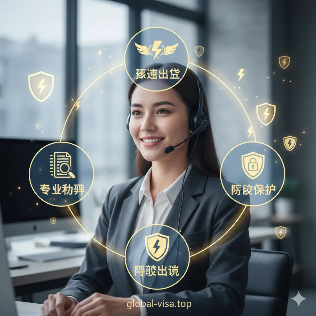 展示Global-Visa.top服务优势的图片。中心是一个戴着耳机、面带微笑的专业客服形象，周围环绕着‘专业初审’、‘极速出证’、‘隐私保护’的图标文字。背景采用柔和的办公室光影，点缀一些亮金色的盾牌和闪电元素，象征安全与速度。构图平衡，展现出品牌值得信赖、高端专业的服务氛围。