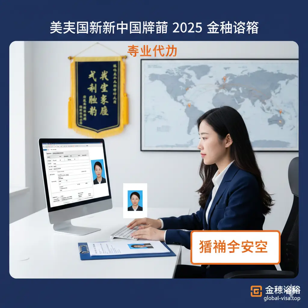 体现Global-Visa专业代办优势的视觉图。画面展示一位专业的签证顾问正在电脑前审核护照照片和豁免解释信模板，背景是一面整洁的办公墙，挂着成功案例的锦旗或世界地图。视觉焦点在于一份写有‘豁免申请成功’字样的文档和标准合格的白底证件照。色彩使用沉稳的深蓝色和橙色，传递出高效、专业、零失误的品牌信任感。