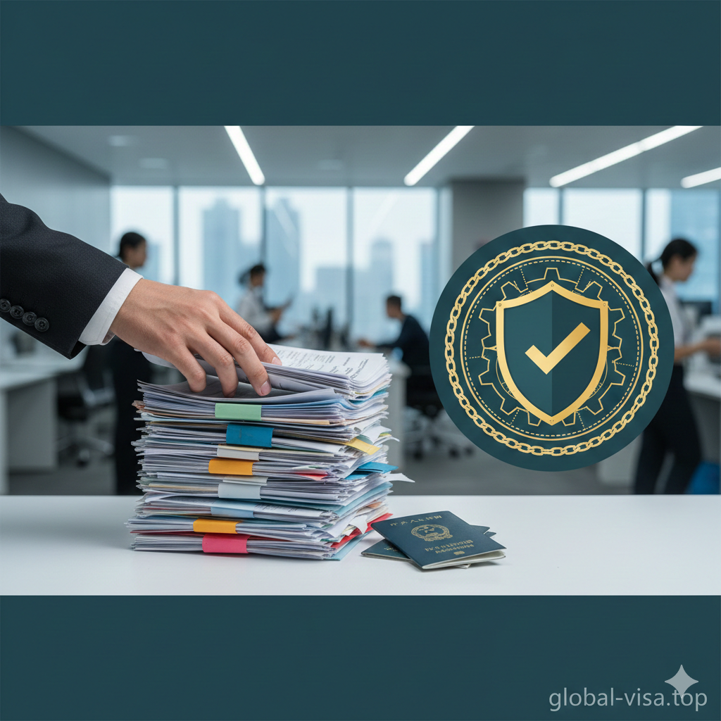 体现global-visa.top代办服务优势的商业风格图片。画面左侧展示堆叠复杂的申请材料被一只专业的手整理得井井有条,右侧是一个象征“通过”的绿色印章图案或者是盾牌防护图标,寓意高通过率和安全保障。背景是模糊的繁忙签证中心或现代办公室,前景清晰明亮。色调采用让人信赖的深青色与暖金色搭配,重点突出解决疑难杂症(如白本护照、拒签史)的专业能力,增强用户信任感。