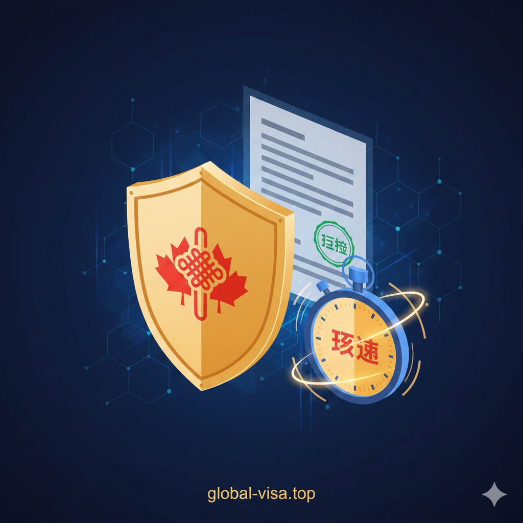 一张象征服务优势的概念插图。画面中心是一个金色的盾牌图标,象征着global-visa.top的安全审核服务,盾牌后方保护着一份带有绿色'Approved'(已批准)印章的电子文件。旁边配有一个极速转动的秒表,象征快速出签。整体色调使用信任感强的深蓝色和金色,配合科技感的线条装饰,突显出专业代办服务省时、省心、高通过率的核心价值。