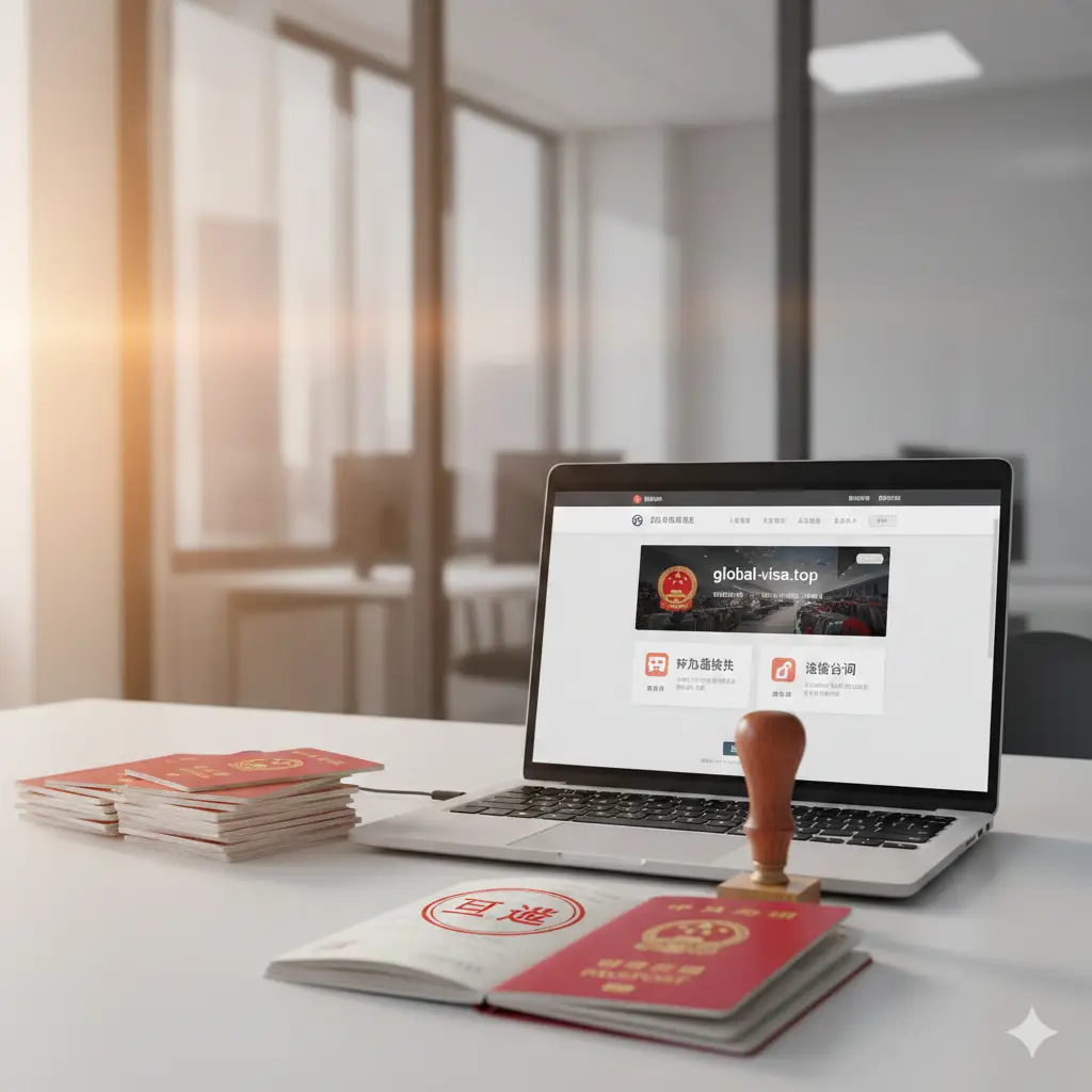 展现global-visa.top专业服务的商务场景图。画面为一个整洁的现代办公桌面,一台笔记本电脑屏幕上显示着global-visa.top的网站界面,带有'护照加急换发'或'签证咨询'的图标。旁边摆放着一叠整理整齐的护照文件和一个盖有'Approved'(通过)字样的印章。背景是模糊的办公室玻璃墙,透出温暖的阳光,传递出高效、专业、省心的服务优势,增强用户对品牌的信任感。