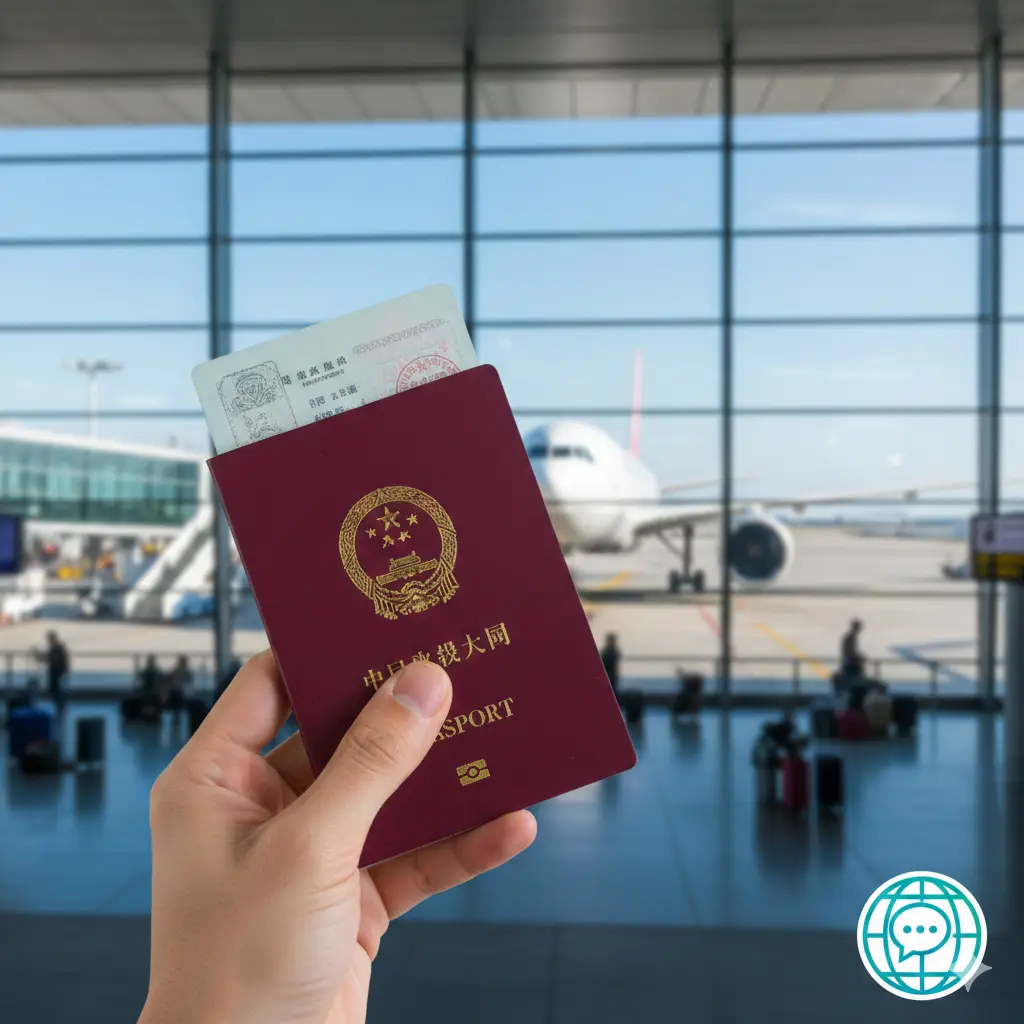 一张充满希望与旅行憧憬的总结图片。画面前景是一只手拿着一本崭新的中国护照，背景是模糊的国际机场出发大厅或飞行中的飞机窗景，寓意护照更新成功，即将开启新的旅程。图片右下角可以隐约融入Global Visa的品牌色调或专业的客服咨询图标，暗示如果遇到困难可以寻求专业协助。整体色调明快、通透，传递出顺利、安心和通过Global Visa服务获得自由出行的美好愿景。