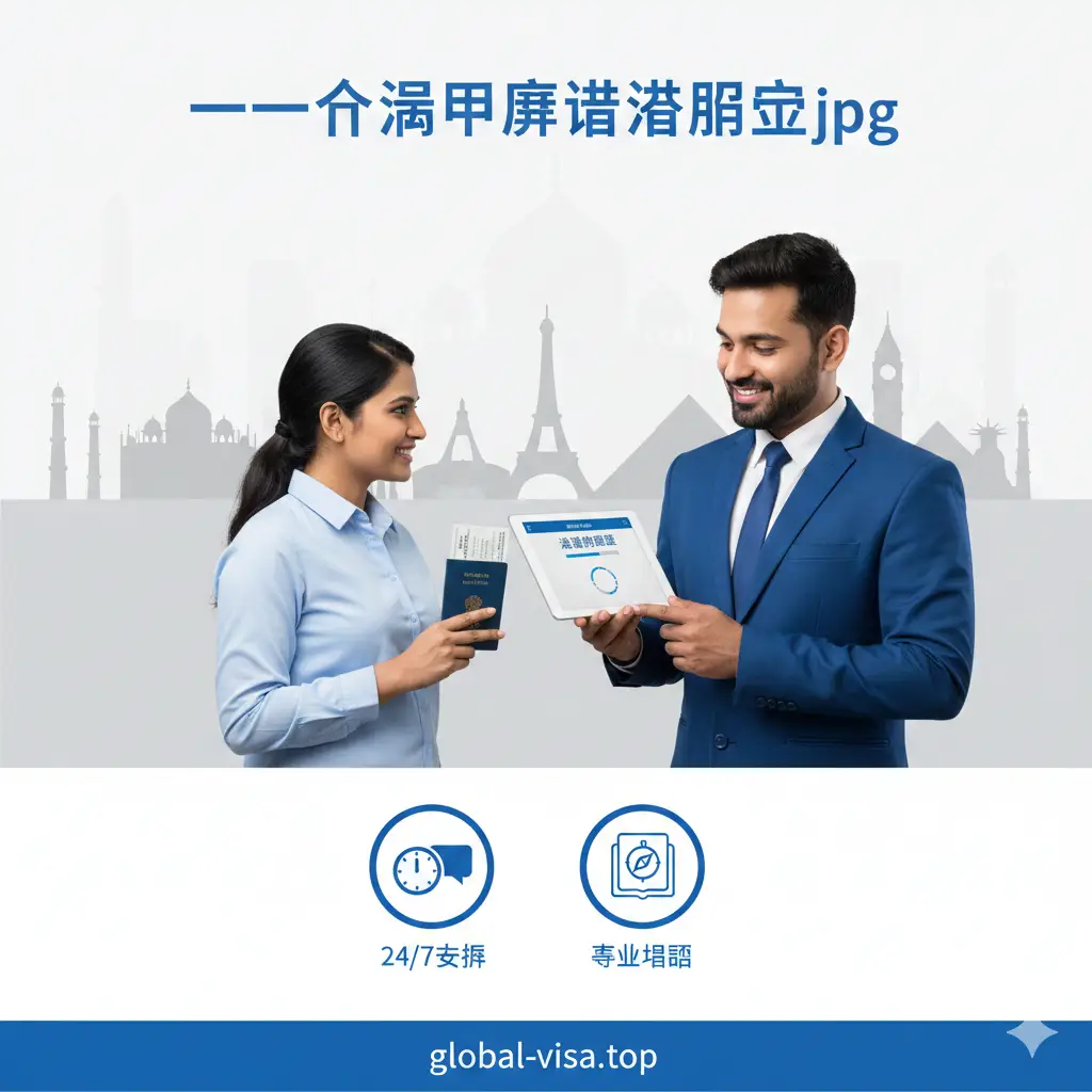 一张总结性的视觉海报,画面中心是一位专业的签证顾问正在使用平板电脑为客户展示签证进度,背景是模糊的世界著名地标剪影。画面下方带有‘24/7支持’和‘专业指导’的图标。整体色彩采用Global-Visa.top的品牌色系(通常为蓝白灰),给人以高效、可靠和一站式办理印度护照相关业务的最终印象。