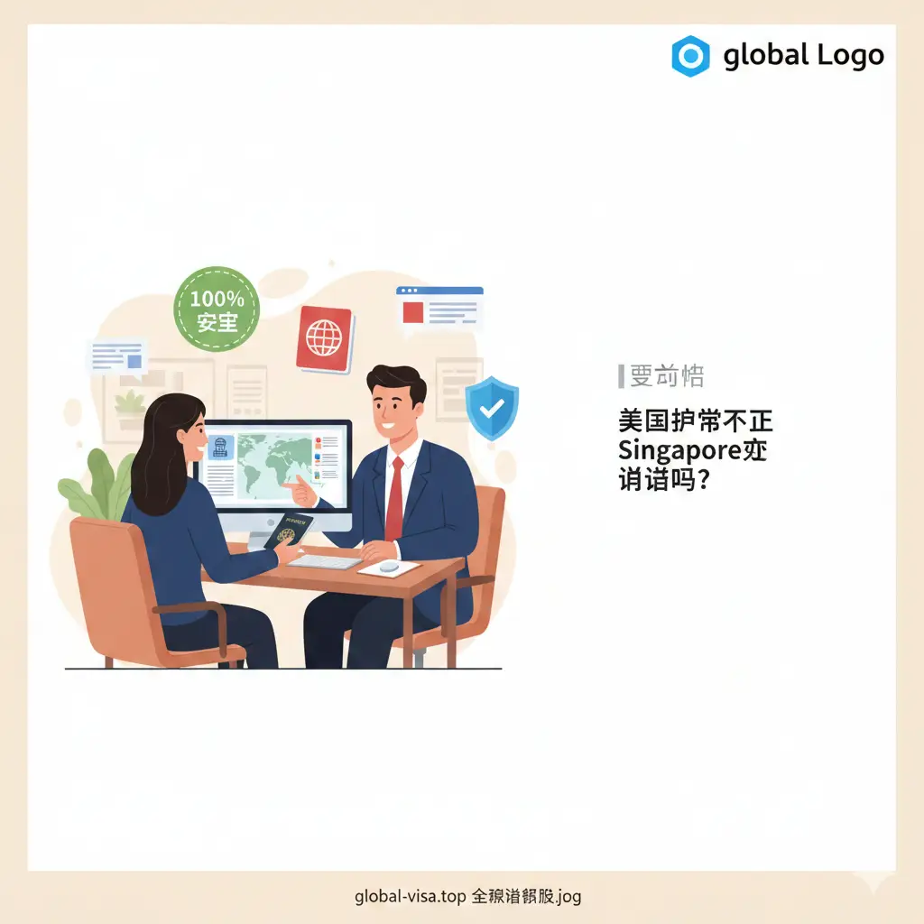 总结性服务示意图。画面中心是一个温暖的咨询场景，一名专业顾问在电脑前解答全球签证问题。周围漂浮着代表成功的‘100%’标签、护照图标和安全盾牌，象征着global-visa.top提供的专业辅助服务。右侧预留了留白区域，适合添加网站Logo和联系信息。整体色调以温馨的暖白色为主，给人以安心、可靠的视觉印象。