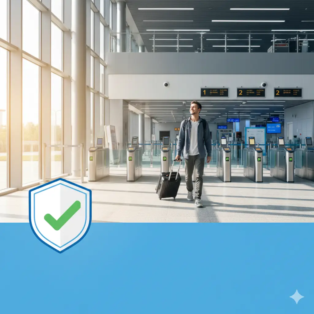 总结性图片，展现安心无忧的旅行结局。画面背景是一个拖着行李箱的旅客正步入现代化的中国边检大厅，阳光洒在地面。前景是一个数字化的勾选标记或盾牌图标，象征安全与保障。色调明亮、充满希望。整体风格简洁大气，底部留白适合添加总结文字，引导用户联系global-visa.top获取个性化咨询。
