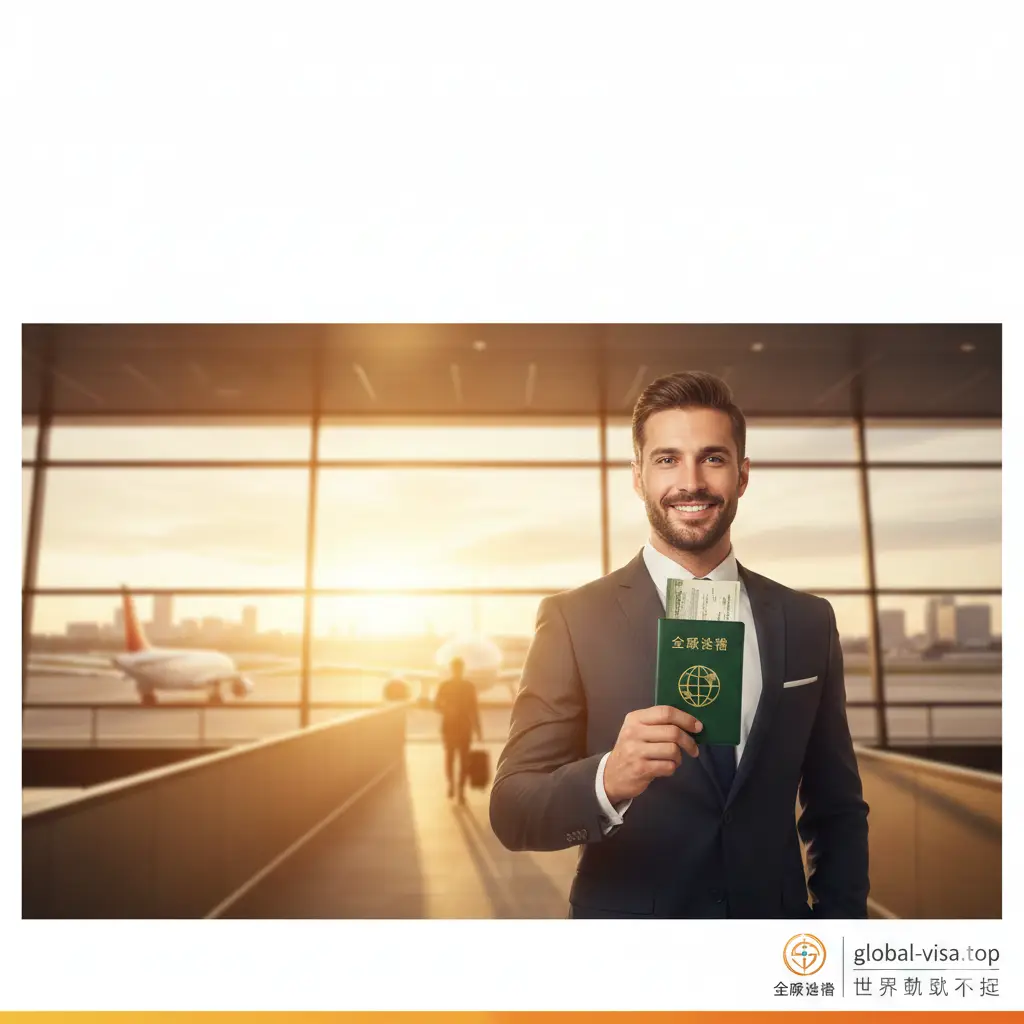 一张富有感染力的总结图片。展示一位自信的商务旅行者手持绿色护照，漫步在充满异国风情的城市街道或现代化的候机厅。画面上方留白，适合添加文字标题。色调温暖且富有希望感，强调‘Global Visa’作为旅行者坚实后盾的品牌形象，给人以‘世界触手可及’的圆满收尾感。