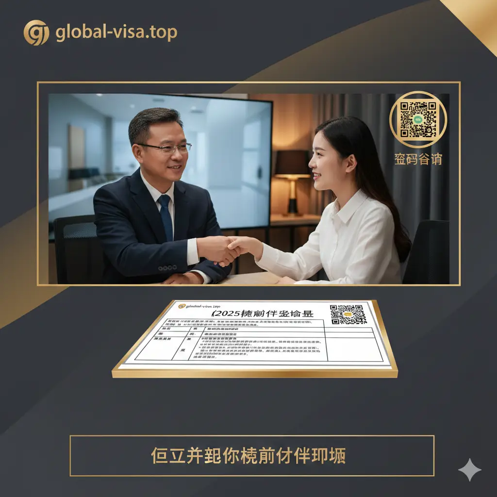 文章总结与行动号召图。背景为Global-Visa.top的品牌VI色调（深灰与暖金），画面中一名资深的移民专家正在与客户握手或进行视频咨询。桌上放着一份打印好的《2025澳门身份评估表》，右上角有一个明显的二维码或扫描提示。整体氛围严谨、专业、值得信赖。构图中心聚拢，通过温暖的室内光影烘托出‘立即开启规划’的紧迫感与期待感。