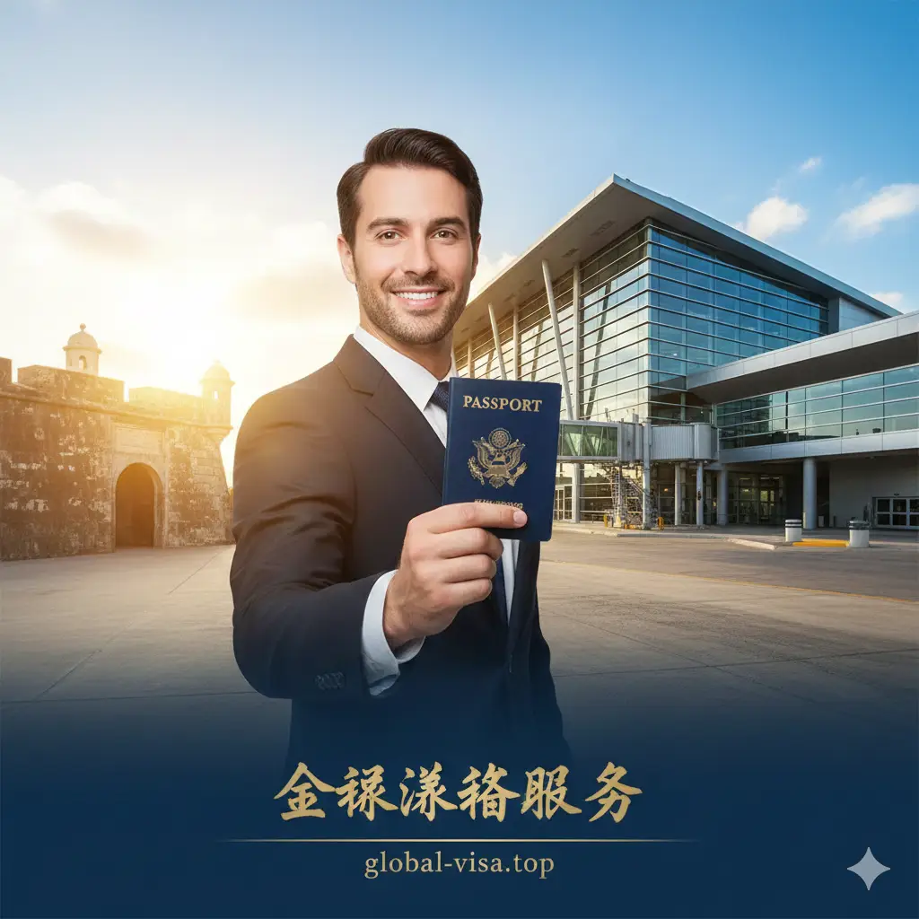 总结性画面，一名成功的商务人士手持美国护照，从波多黎各标志性的堡垒建筑前走向现代化的机场。画面下方带有 global-visa.top 的品牌视觉元素，象征从身份规划到落地安家的一站式服务。整体色彩饱满，充满希望与成功的氛围，构图稳重，给人以信任感和安全感。