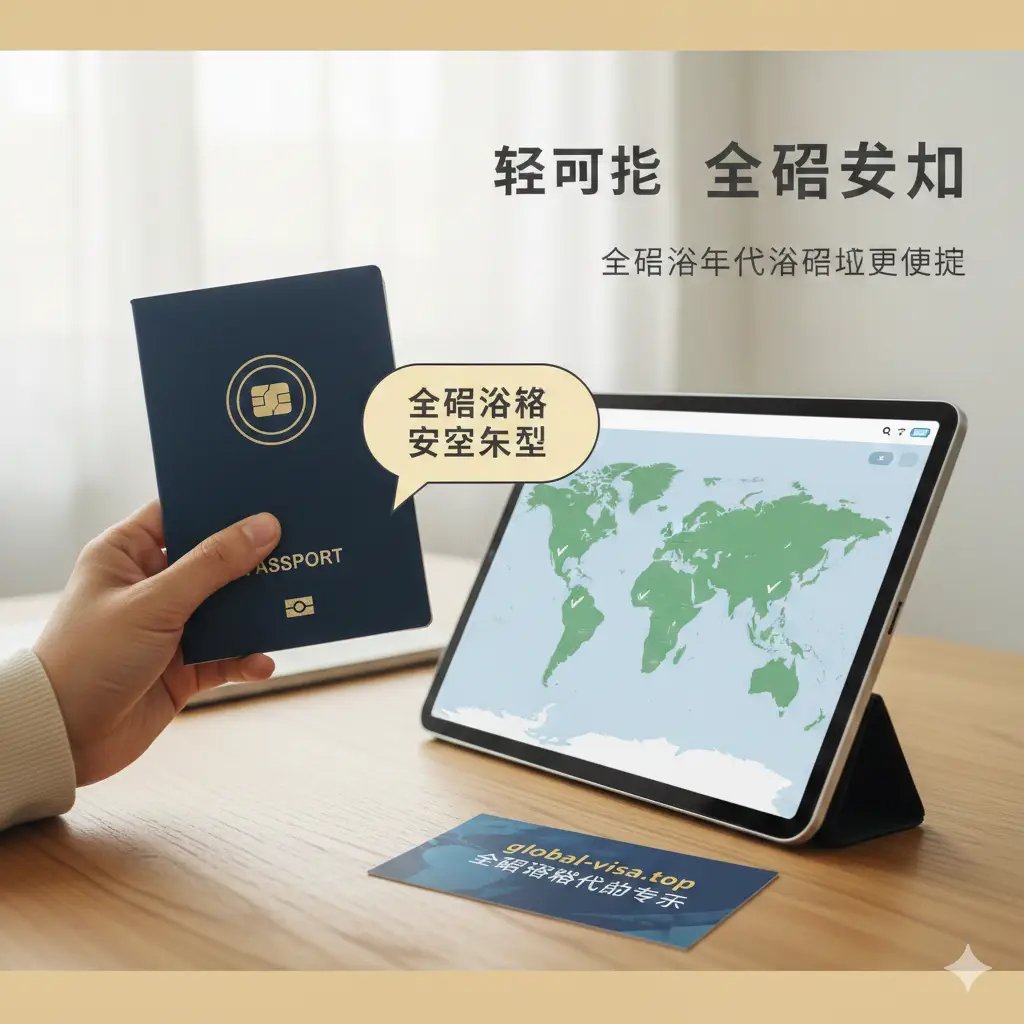 一张温馨且具有专业感的总结性图片。画面展示一只手拿着带有芯片标识的电子护照，背景是整洁的办公桌，桌上放着平板电脑显示着全球地图和签证成功办理的勾选框。整体风格偏向生活化和信任感，使用温暖的自然光线。文字区域预留充足空间，视觉中心引导向“全球签证代办”的专业品牌形象。