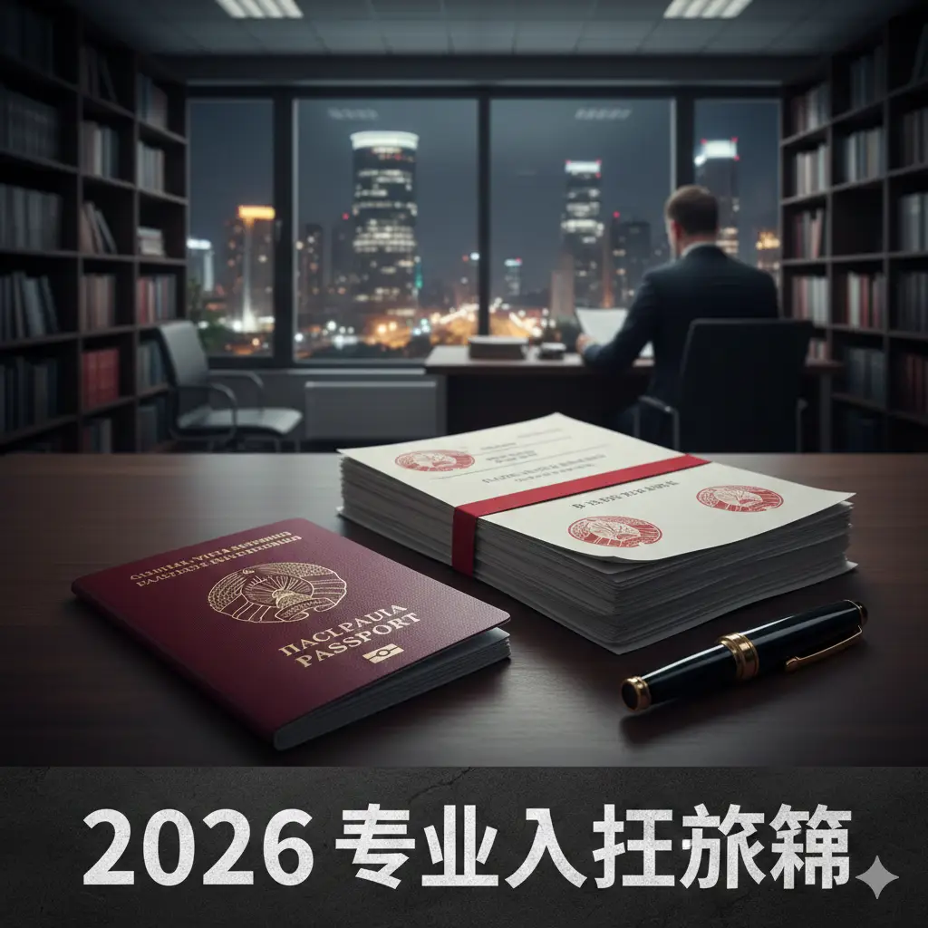 总结性图片。画面中心是一个白俄罗斯护照和一本已经办结的法律卷宗，旁边放着一支高端钢笔。背景是Global-Visa.top在明斯克的直属律师楼内景，落地窗外可以看到城市景观。画面底部带有醒目的‘2026专业入籍方案’文字样式的设计感，构图稳重，色彩沉稳，旨在给读者留下专业、靠谱、终极解决方案的视觉印象。
