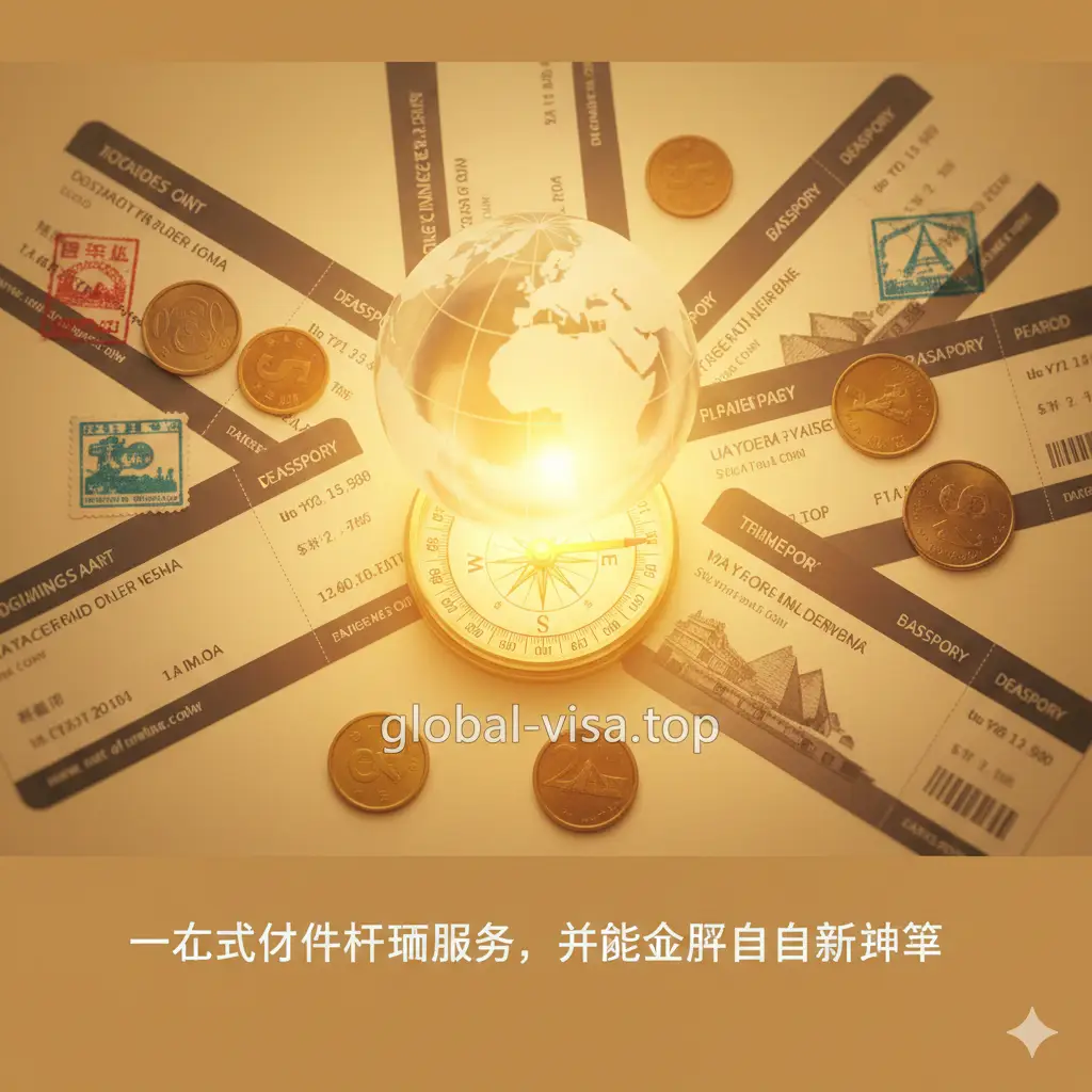 总结性视觉图片，体现全球自由行与专业规划。画面中心是一个发光的指南针，指针指向‘global-visa.top’字样，四周散布着登机牌、不同国家的硬币和护照印章。构图采用俯视视角，柔和的暖黄色灯光营造出一种旅行归来及未来规划的温馨感，画面底部留白，方便添加CTA行动号召文字，强调一站式身份规划服务。