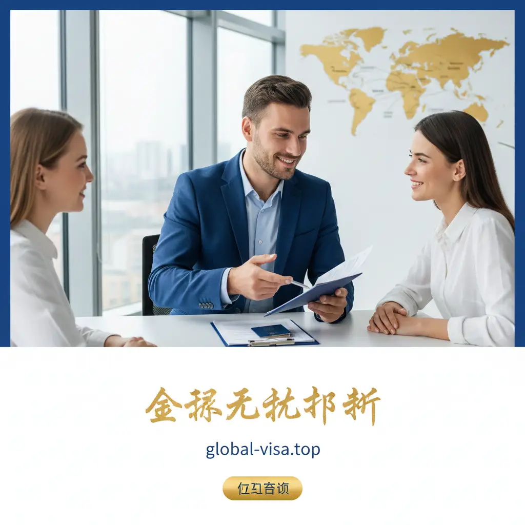一张温馨且具有商务气息的总结图片，展示一名专业的顾问正在为客户讲解护照与签证处理方案，背景是明亮的现代化办公室和世界地图。画面下方留有适度的留白，用于传达‘全球无忧出行’的概念。色调采用品牌标志性的蓝、白、金配色，构图采用黄金分割比例，营造出一种圆满解决问题后的轻松氛围，鼓励用户点击咨询，完成转化。