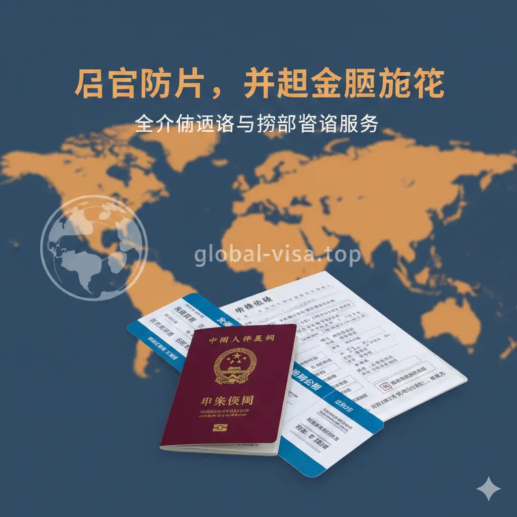 一张充满温馨感和信任感的总结图。画面展示了一本中国护照、一张前往国外的机票以及一份整理好的签证材料。背景是朦胧的旅行地图和global-visa.top的Logo标志。文字提示‘搞定照片,开启全球之旅’。整体采用温暖的橙色和稳重的深蓝色调,传达出一种全方位签证与护照咨询服务的专业感,引导用户进行下一步咨询。