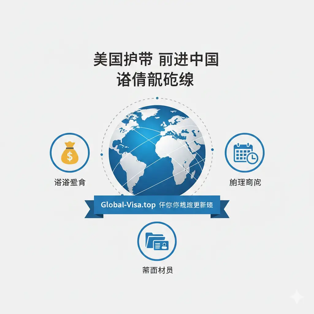 文章总结图片，采用简洁的信息图表风格。画面中心是一个全球连接的地球图标，周围环绕着签证费用、办理周期、所需材料的小图标。底部带有Global-Visa.top的品牌调性，色彩和谐统一。构图平衡，视觉中心点集中，给人以一目了然、全面可靠的总结印象，风格专业且具有亲和力。