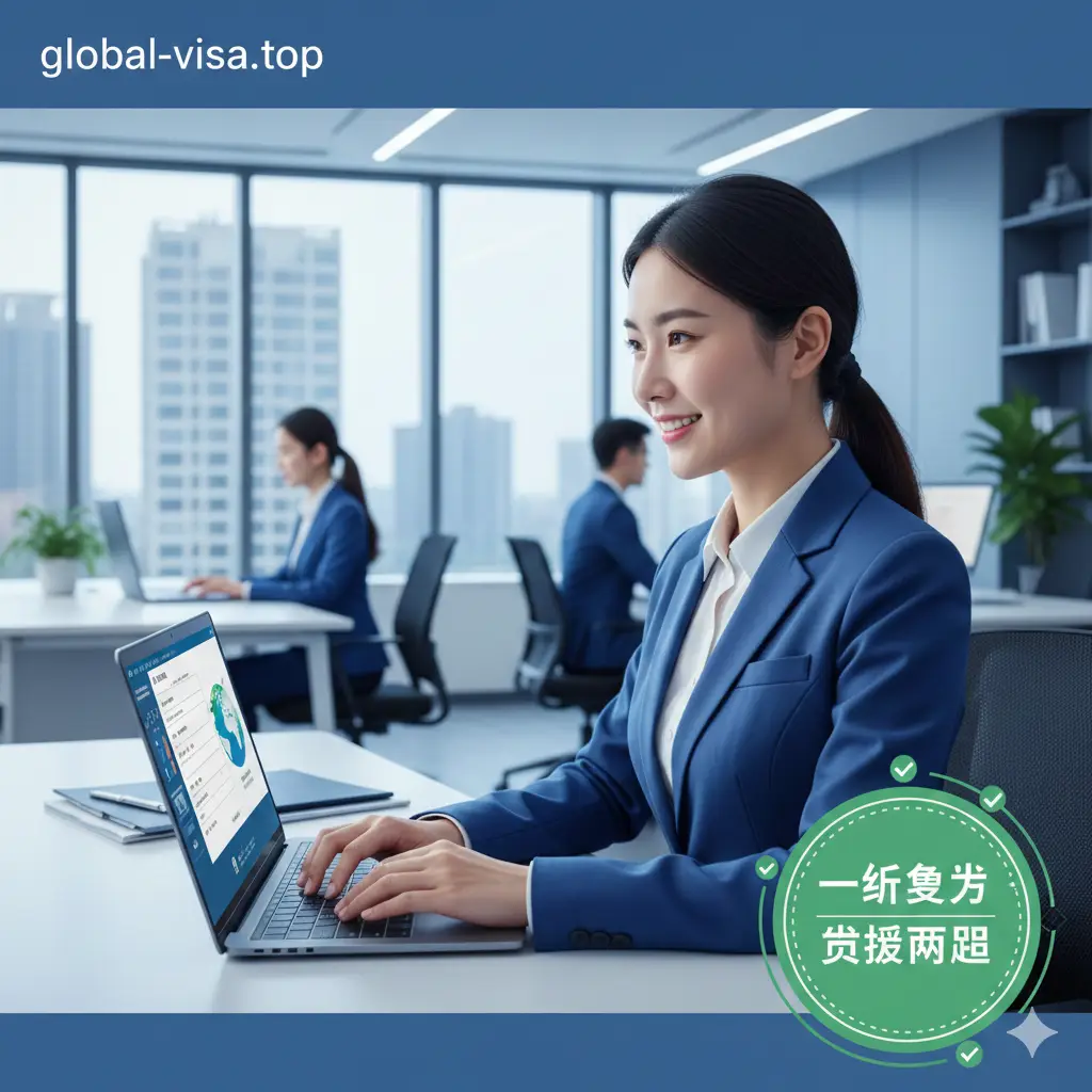 展现global-visa.top专业服务的温馨场景图。画面中一位穿着职业装的客服人员正在微笑着通过电脑处理业务，屏幕上隐约可见护照申请表单和全球签证图标。背景是现代化的蓝色调办公室，前景叠加一个绿色的“审核通过”或“一站式服务”徽章元素。图片传递出安心、便捷和高效的情绪，鼓励用户在遇到困难时寻求平台的专业代办服务。