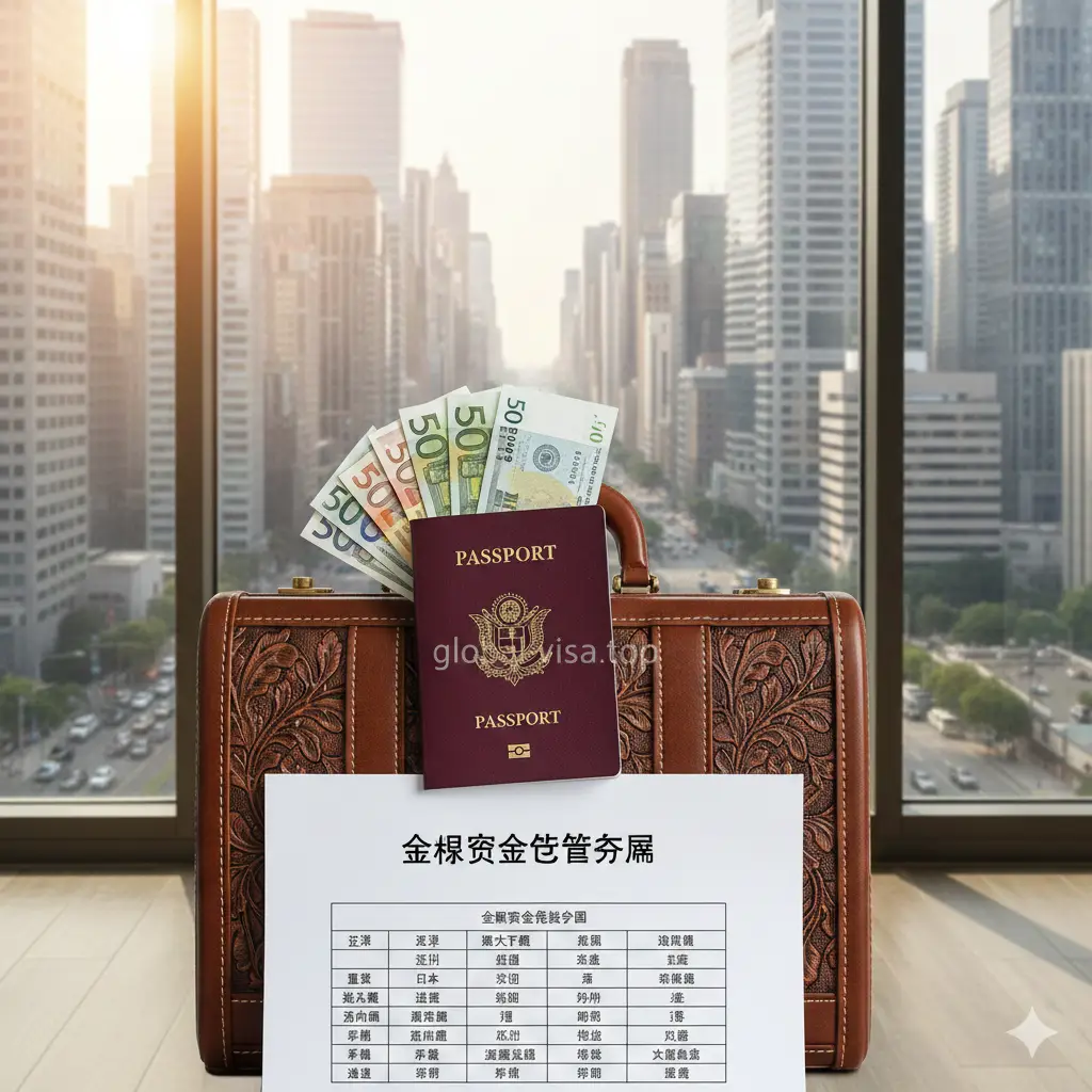 一张带有总结性质的视觉图。画面中心是一个精致的皮质旅行包，旁边整齐叠放着圣基茨护照、多国货币和一份印有global-visa.top水印的资产配置方案。背景是透过明亮的落地窗看到的城市金融区景观，象征着全球身份带来的财富自由与生活品质，构图开阔，色彩通透，完美收束全文主题。