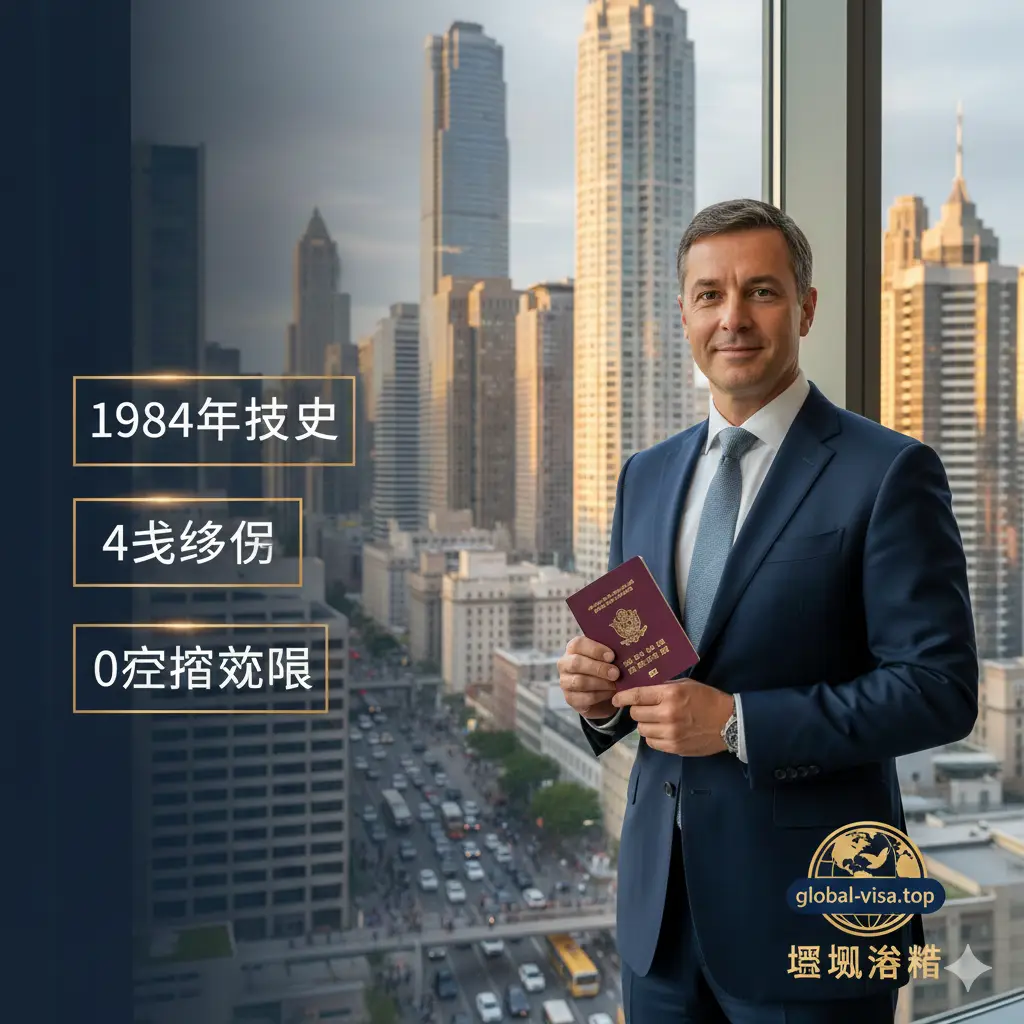 总结性视觉图。一位身着商务正装的成功人士站在落地窗前，俯瞰繁华的金融中心，手中握着圣基茨护照。画面一侧总结性地浮现出‘1984年历史’、‘4代移民’、‘0居住要求’的关键词。整体风格成熟稳重，色彩沉稳，右下角带有global-visa.top的品牌元素，象征身份规划的圆满成功。
