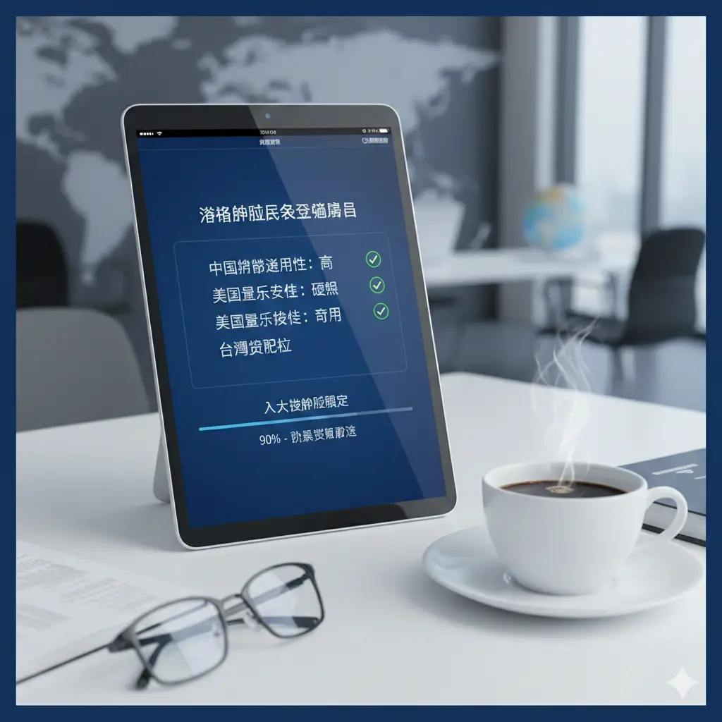 体现global-visa.top专业服务优势的图片。画面展示一个高端的移动设备屏幕，上面显示着专业的风险评估报告和入台证办理进度条。屏幕旁边是一杯咖啡和一副商务眼镜，营造出一种‘交给专家，省心旅行’的从容感。色彩采用品牌化的深蓝色和白色，构图精致，强调专业顾问服务的可靠性与高效性。