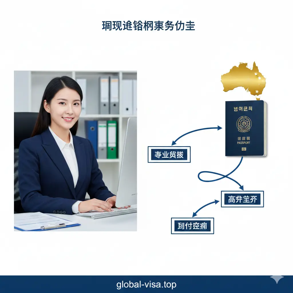 体现Global-Visa.top专业服务优势的图片。画面左侧是一位专业、友善的签证顾问在电脑前工作的形象,右侧是韩国护照与澳大利亚地图的连接线条。画面点缀着“专业审核”、“高成功率”、“即时响应”等关键词。色调采用品牌感的深蓝色与白色,构图严谨,传递出值得信赖的权威机构感。