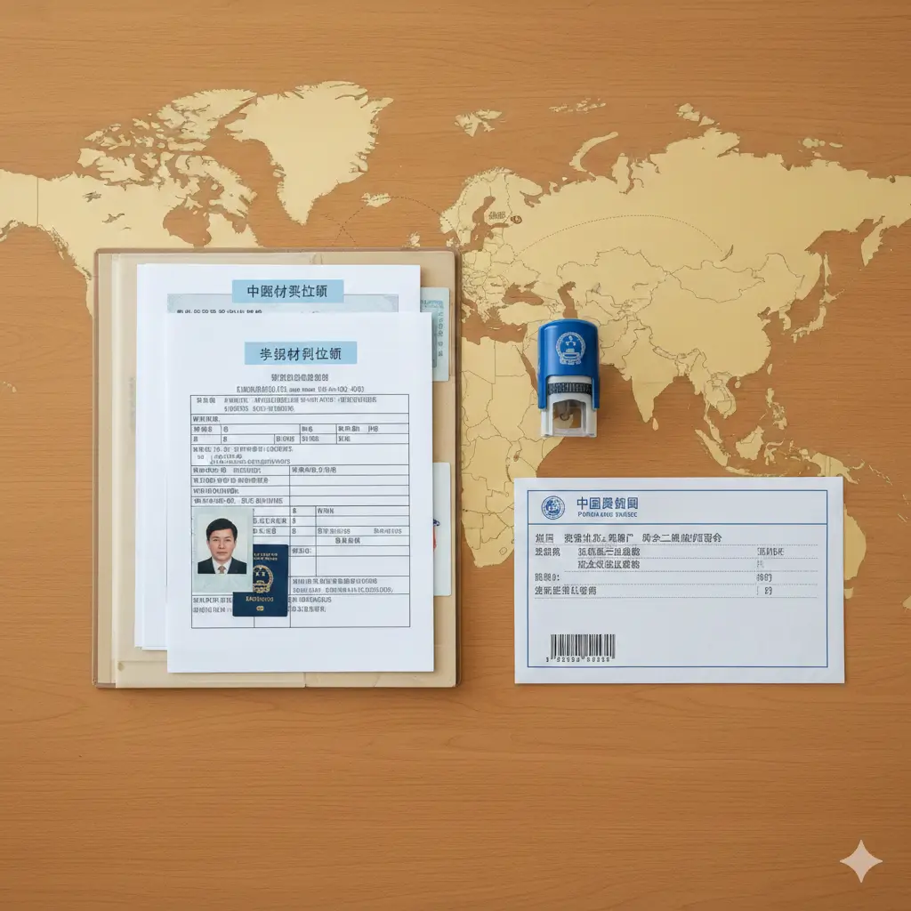 一张体现global-visa.top品牌优势的视觉图。画面呈现一个整理整齐的材料清单文件夹,旁边放置着邮寄用的回邮信封和快递单,象征一站式简化流程。背景点缀着全球地图的淡雅纹理,强调服务涵盖洛杉矶、英国等多个领区。色彩温暖且令人信赖,构图采用俯视视角,突显信息的聚合感与权威性。